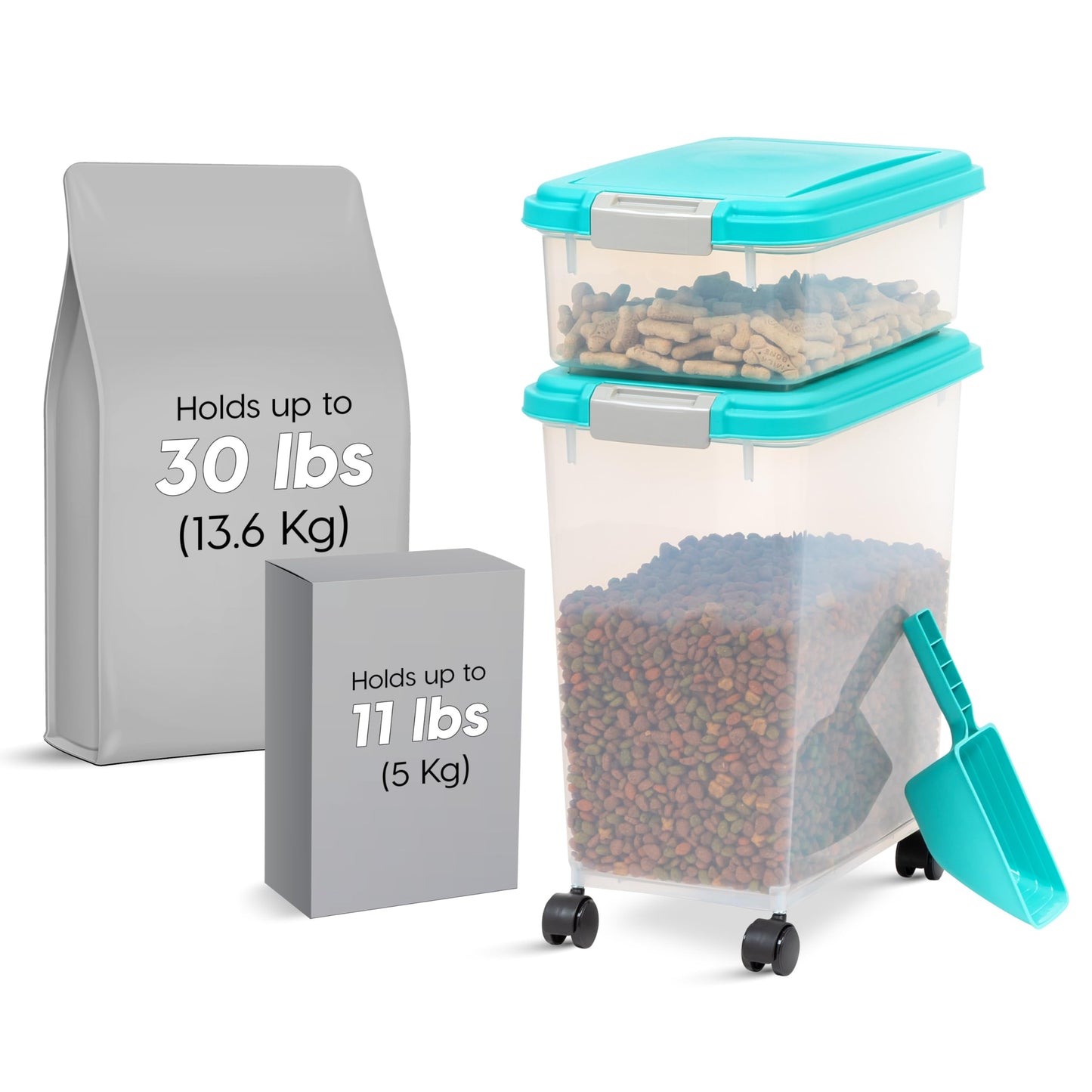 IRIS USA Airtight Dog Food Storage Container Combo, 30 lb + 11 lb Stackable Pet Food Bins with Wheels, Cat Food & Dog Treat Storage, BPA Free, Includes 2-Cup/450 g Scoop, Seafoam Blue