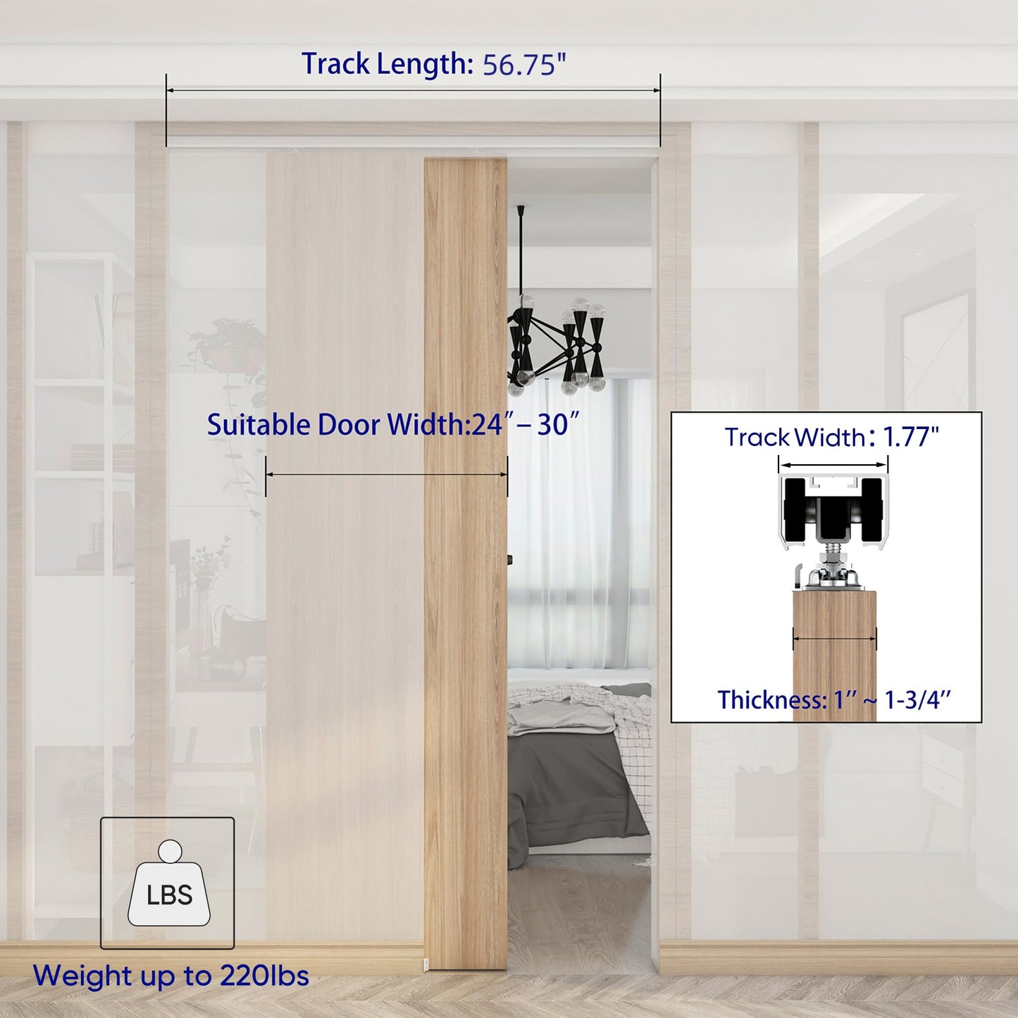 JUBEST 5FT Commercial Grade Pocket Door Hardware and Track Set, Sliding Door Hardware 60", Durable and Smoothly, Easy to Install