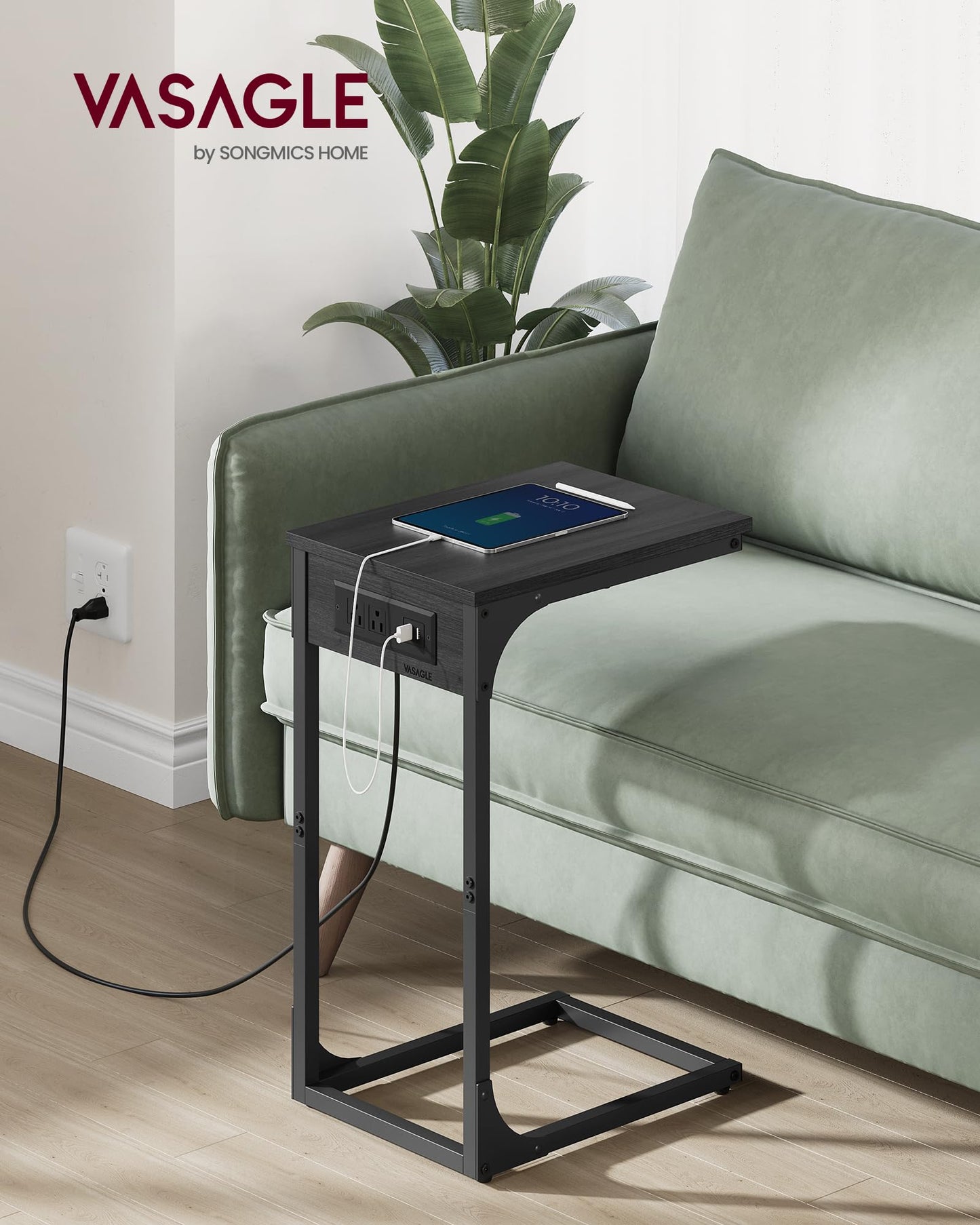 VASAGLE C-Shaped End Table for Couch, Sofa Side Table with Charging Station, Metal Frame, for Living Room, Bedroom, Gray Oak and Ink Black ULET362G01