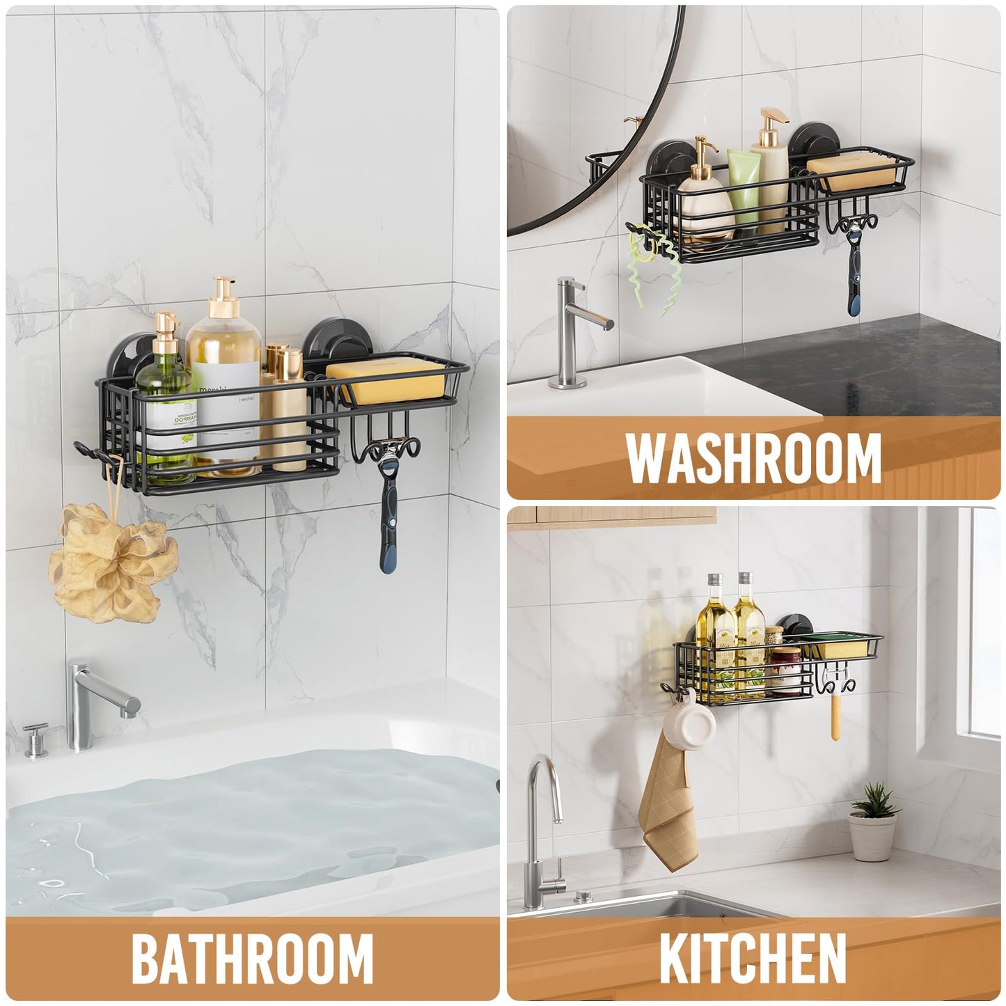 LEVERLOC Shower Caddy Suction Cup, Shower Shelf with Hooks and Soap Holder, NO-Drilling Bathroom Organizer, Rustproof Metal Bathroom Storage and Organization - Black