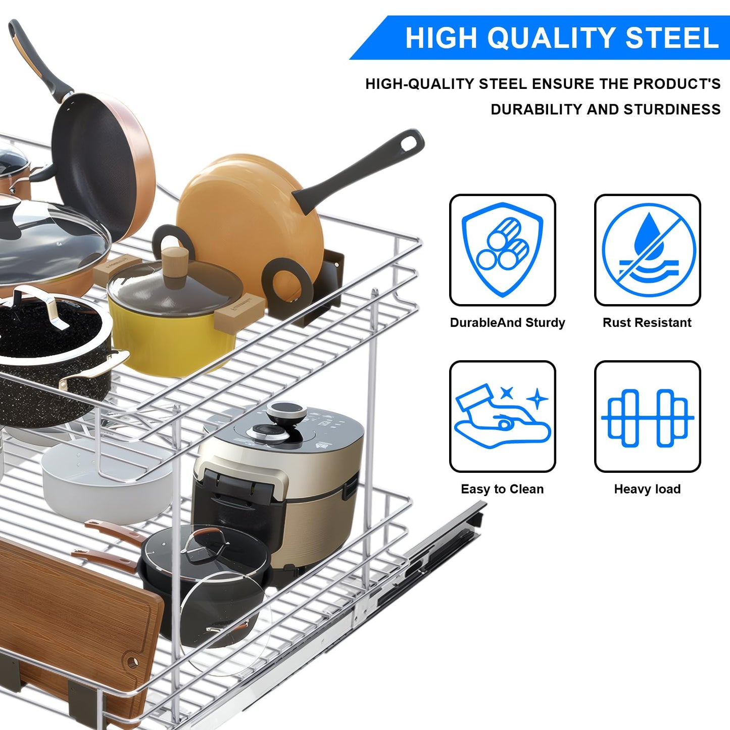 Fulgente 20"*18'' Chrome Finish Pull Out Cabinet Organizer - 2 Tier Heavy Duty Slide Out Kitchen Pantry Shelves, Rustproof Under Sink Storage Drawer for Kitchen & Bathroom