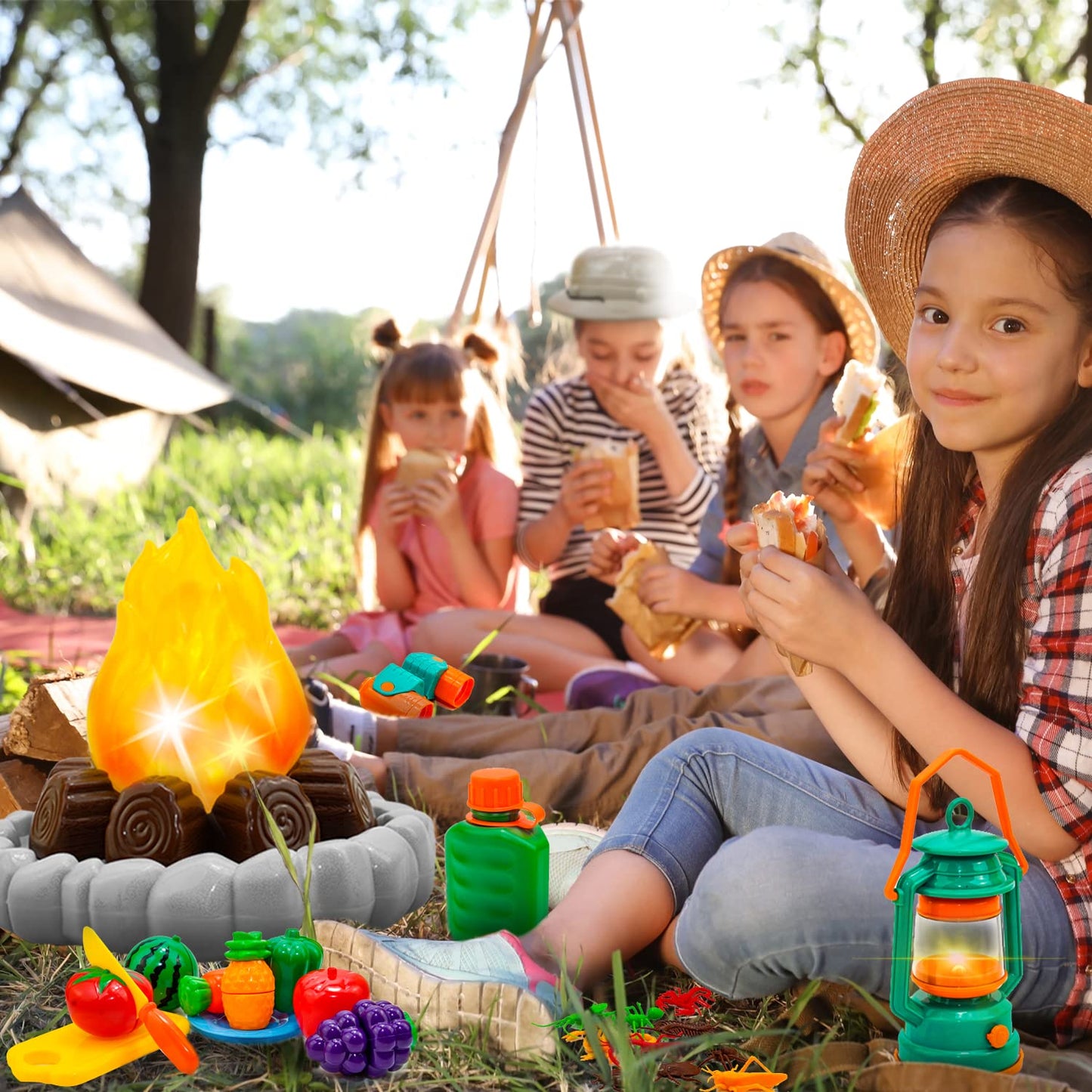 Camping Toys for Kids - Pretend Campfire for 3 4 5 6 7 Year Old Boys Girls - Pretend Play with Toy Campfire/Play Food/Oil Lantern/Kids Explorer Kit