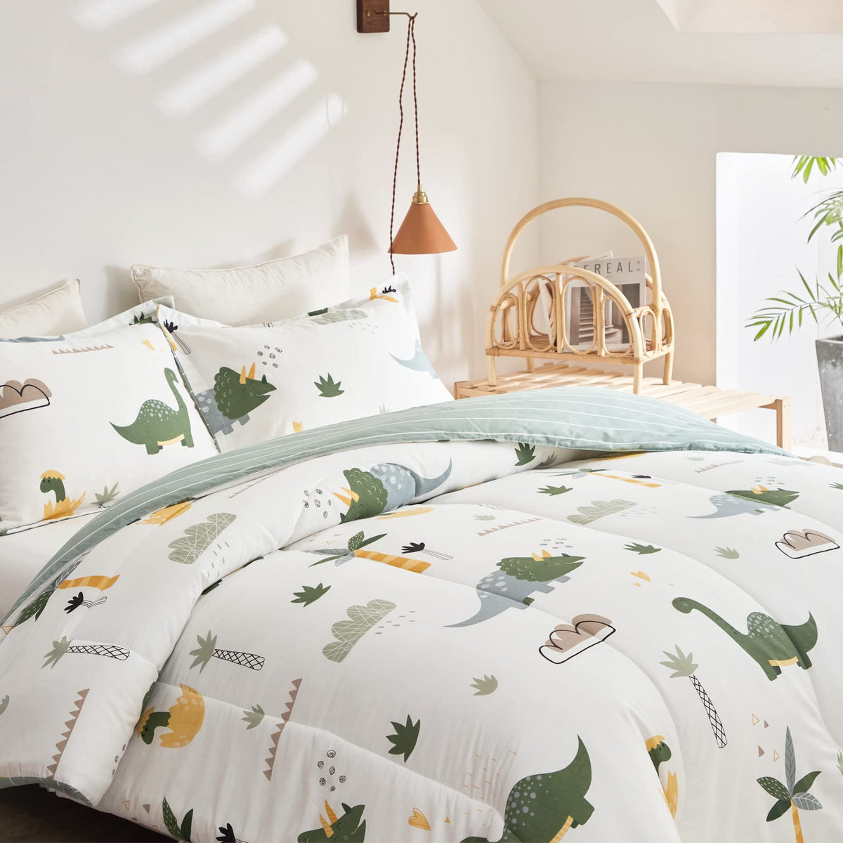 Joyreap Dinosaur Kids Cotton Comforter Set for Boys Girls, Twin Size 3pcs Cotton Bedding Comforter, Fresh Green Dinosaurs on White Design, Skin-Friendly Breathable for All Season- 68x88 inches