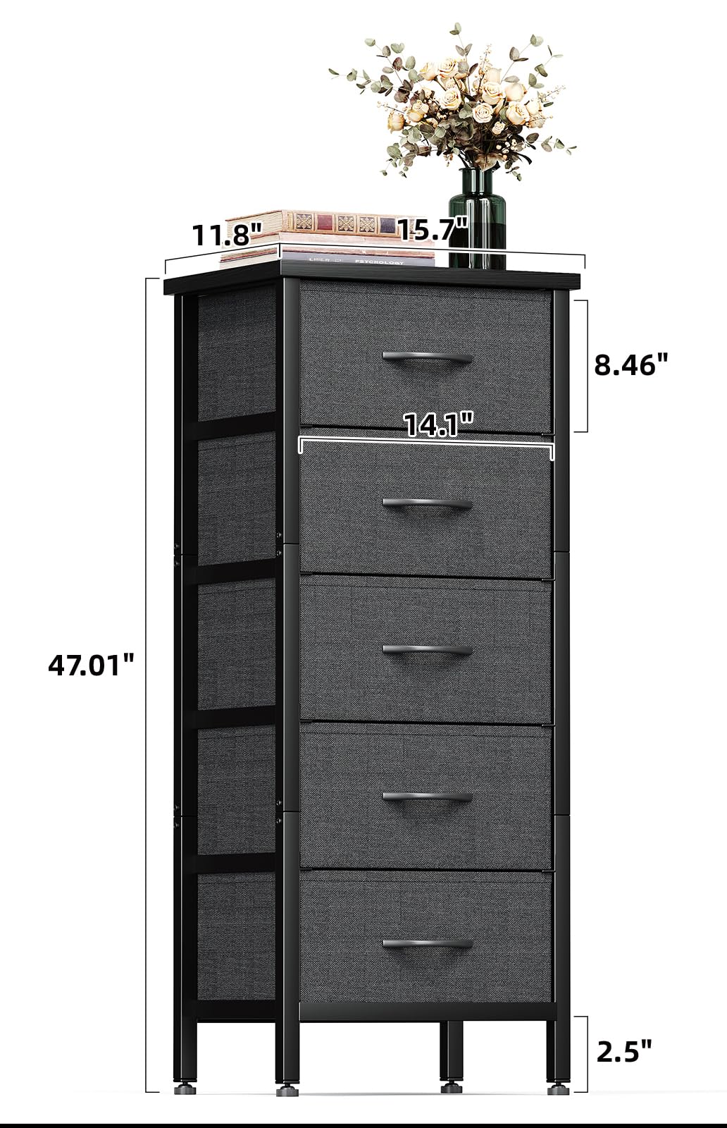 KitMent 5 Drawers Dresser, 47'' Tall Dressers for Bedroom, Storage Cabinete Chest of Drawers, Commode De Chambre for Entryway, Living Room, Bedside, Closet, Fabric Wooden Dresser Bins, Black