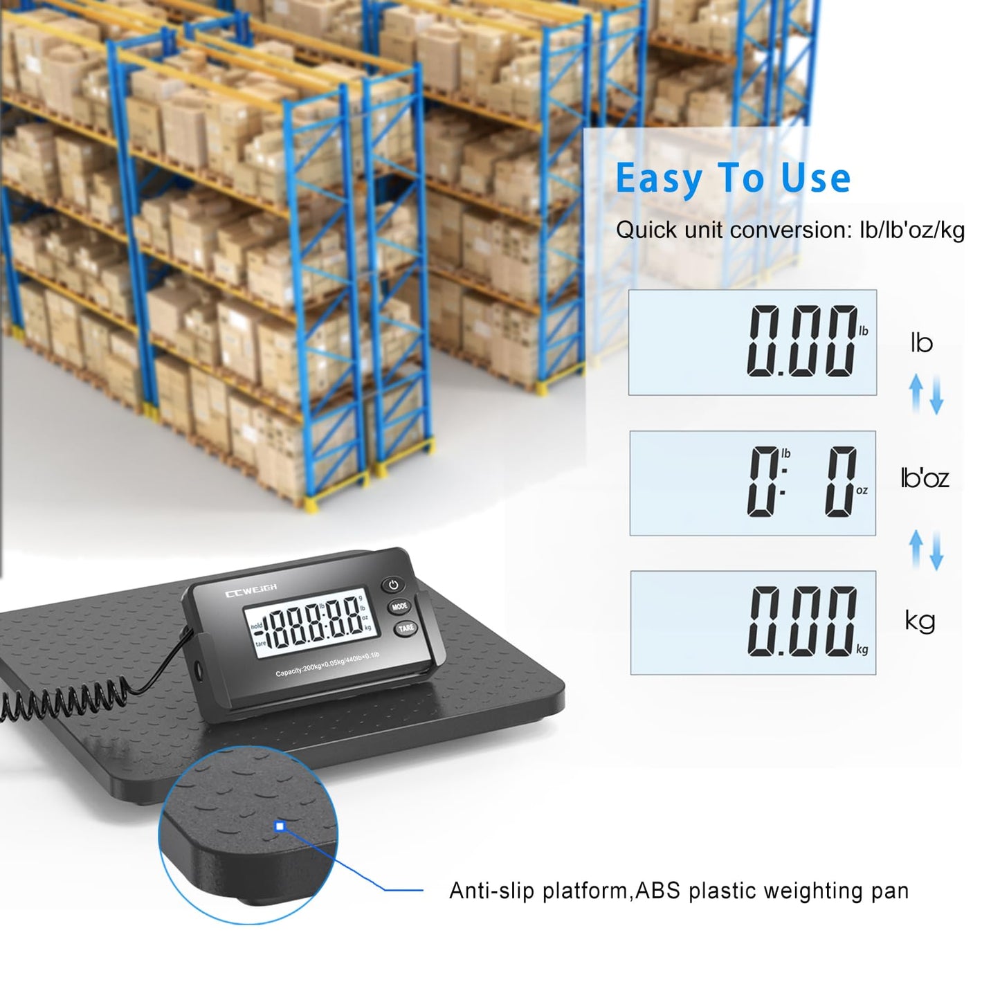 CCweigh Digital Shipping Postal Scale 1.76 oz High Accuracy！440lb with Tare Function, Extended LCD Display for Packages Small Business, Mail, Warehouse, Home, Battery & Charging Cable Included