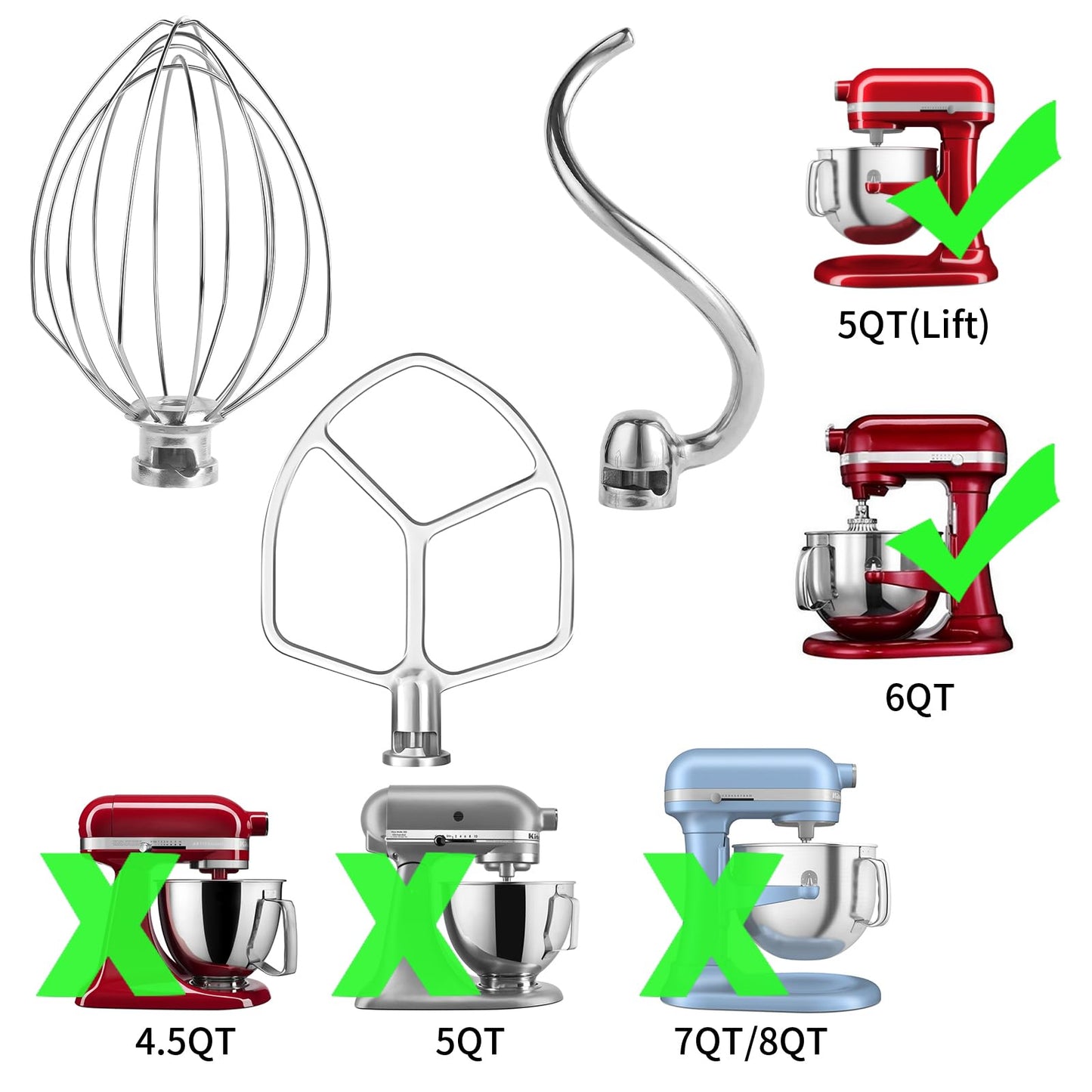 Stainless Steel 3 Piece kit Attachments，Dough Hook 6 Wire Whisk Flat Beater Compatible with KitchenAid 5-6QT Mixer，Bowl Lift Stand Mixer Accessory，Rust Resistant，Dishwasher Safe