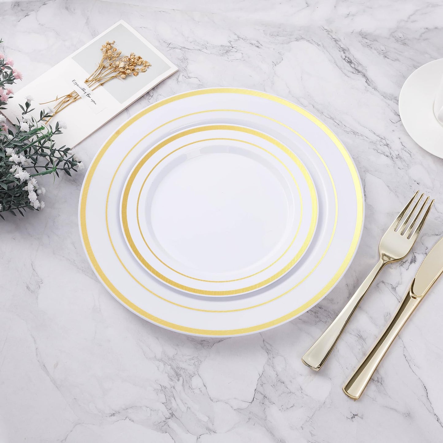 BESTVIP 100PCS Gold Plastic Plate, Disposable Party Plates with 50 Dinner Plates and 50 Dessert Plates, Plastic Plate for Parties, Wedding and Birthday