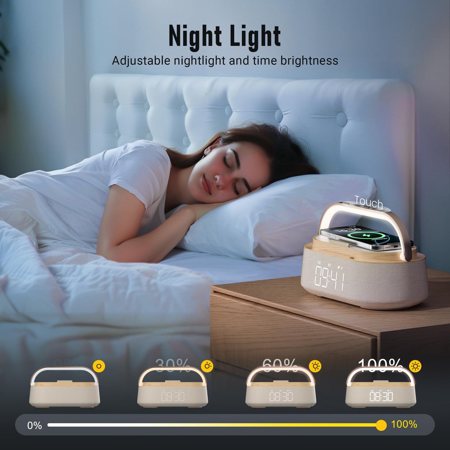 FREEFISH 6-in-1 Alarm Clock with Bluetooth Speaker, Wireless Charging, FM Radio, Night Light, Phone Holder, Digital Clock, 15W Fast Charger for iPhone 16/15/14/13 Samsung, Bedroom Office Gift (Wood)