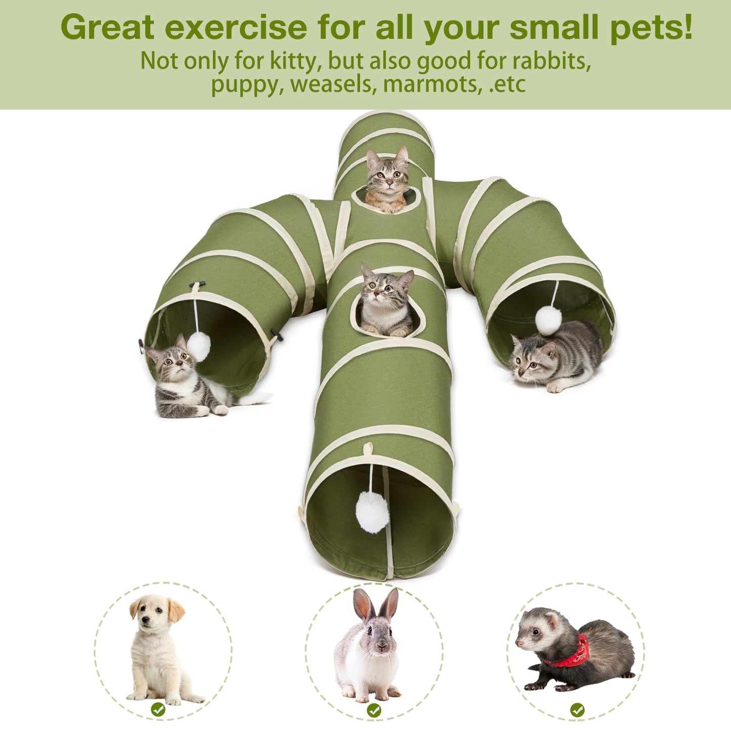 Ownpets Cat Tunnel, Larger Cactus Shape Pet Tunnel with Sturdy Oxford Fabric, Foldable and Resistant to Tearing, Featuring Multiple Exits, Hanging Ball and Teaser Wand,Grey, 11.8” Diameter