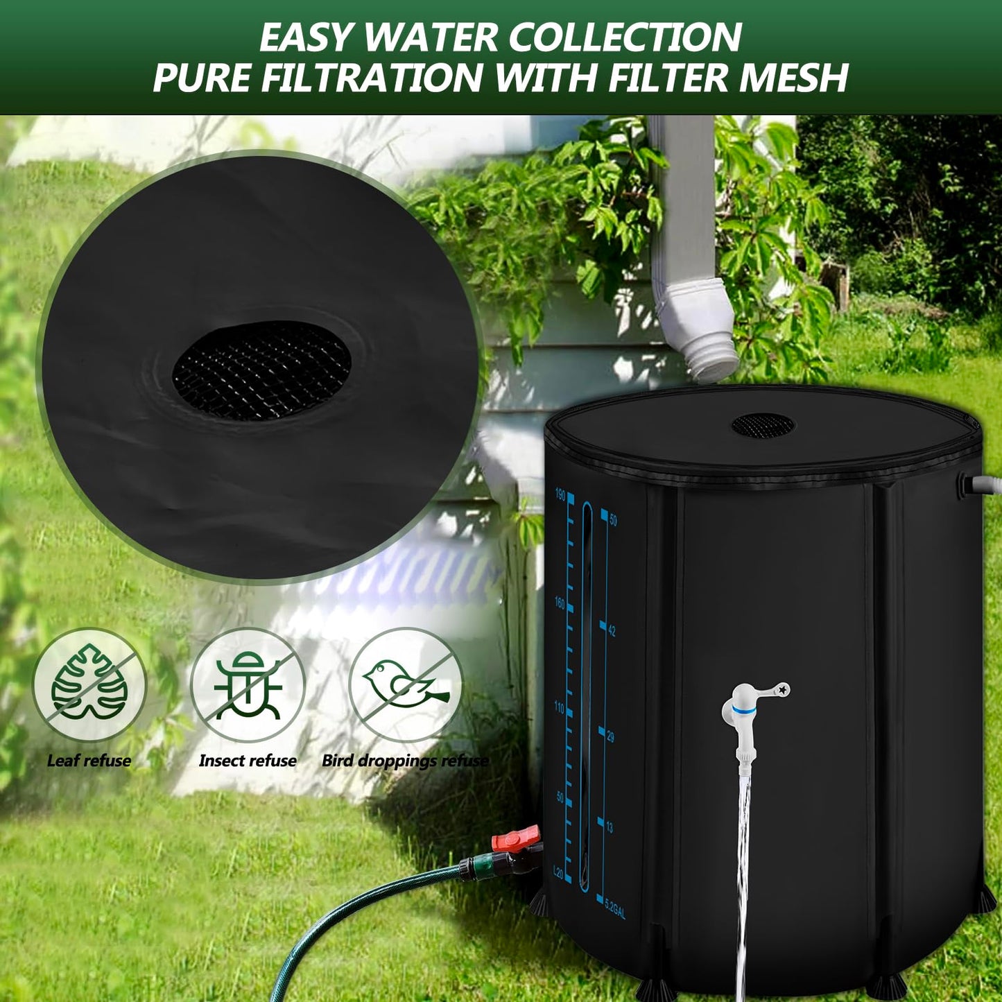 53Gallon/200L Rain Water Collection Barrel, Portable PVC Rain Barrels to Collect Rainwater from Gutter, Large Capacity Rainwater Collection System with Water Level for Garden Water Catcher, Black