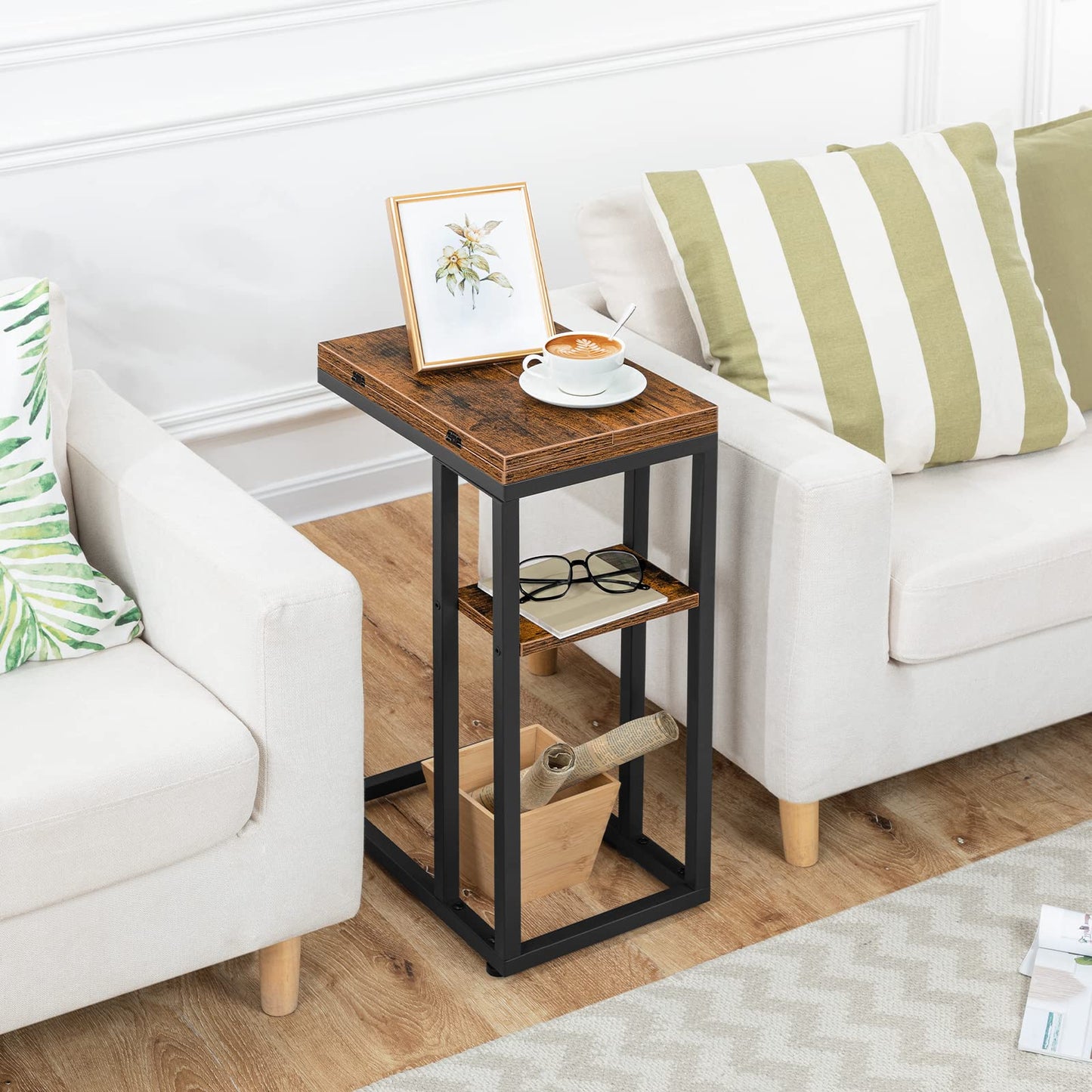HOOBRO Foldable End Table, C Shaped Side Table with Storage Shelf, Small Snack Table Suitable for Living Room Bedroom Small Spaces, Easy Assembly, Rustic Brown BF29SF01