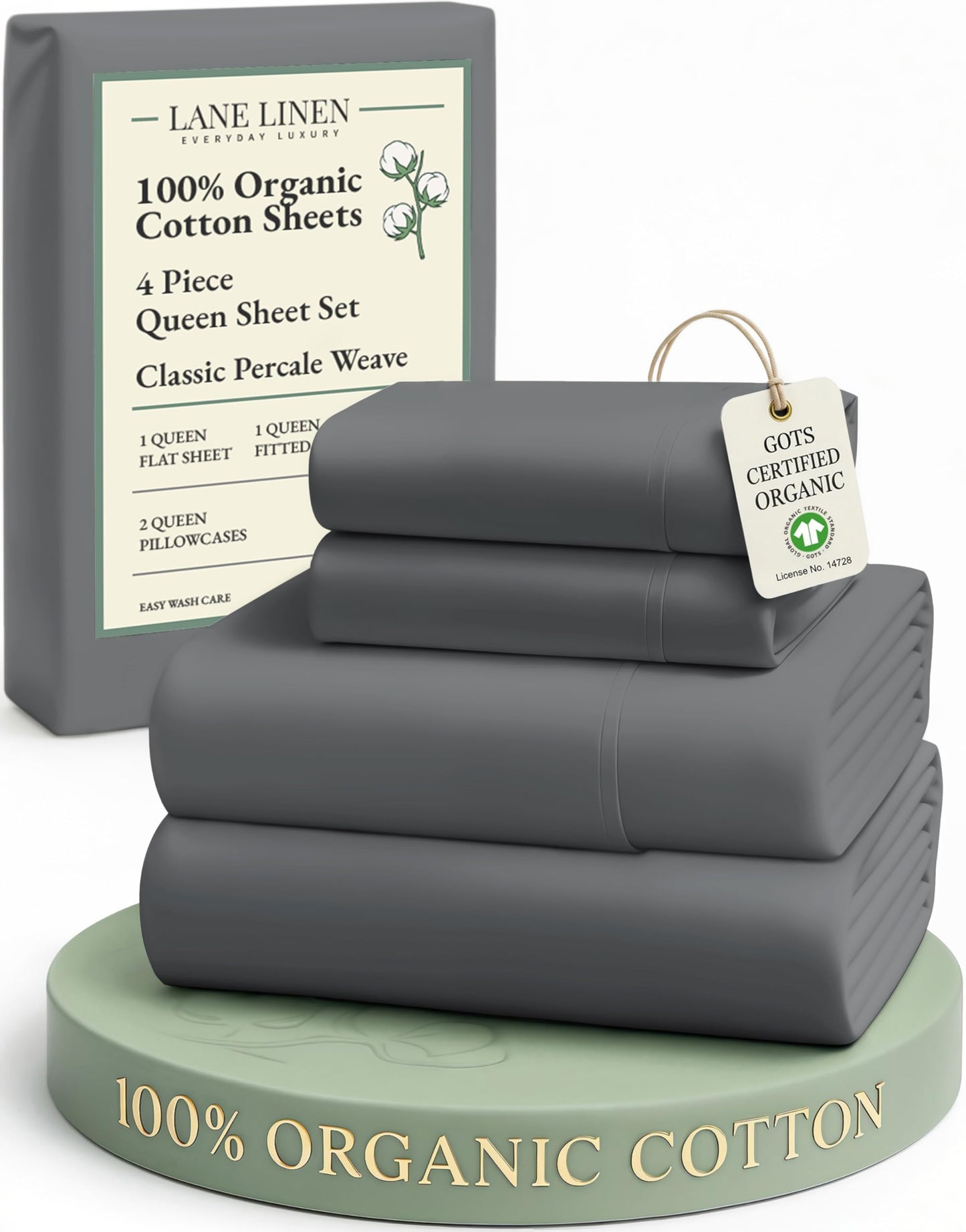 Lane Linen 100% Organic Cotton Queen Sheet Set, 4-Piece Percale Bed Sheets for Queen Bed - Soft, Breathable, Hypoallergenic, Deep Pocket Fits Mattress Up to 15",Hotel Quality Sheets - Charcoal