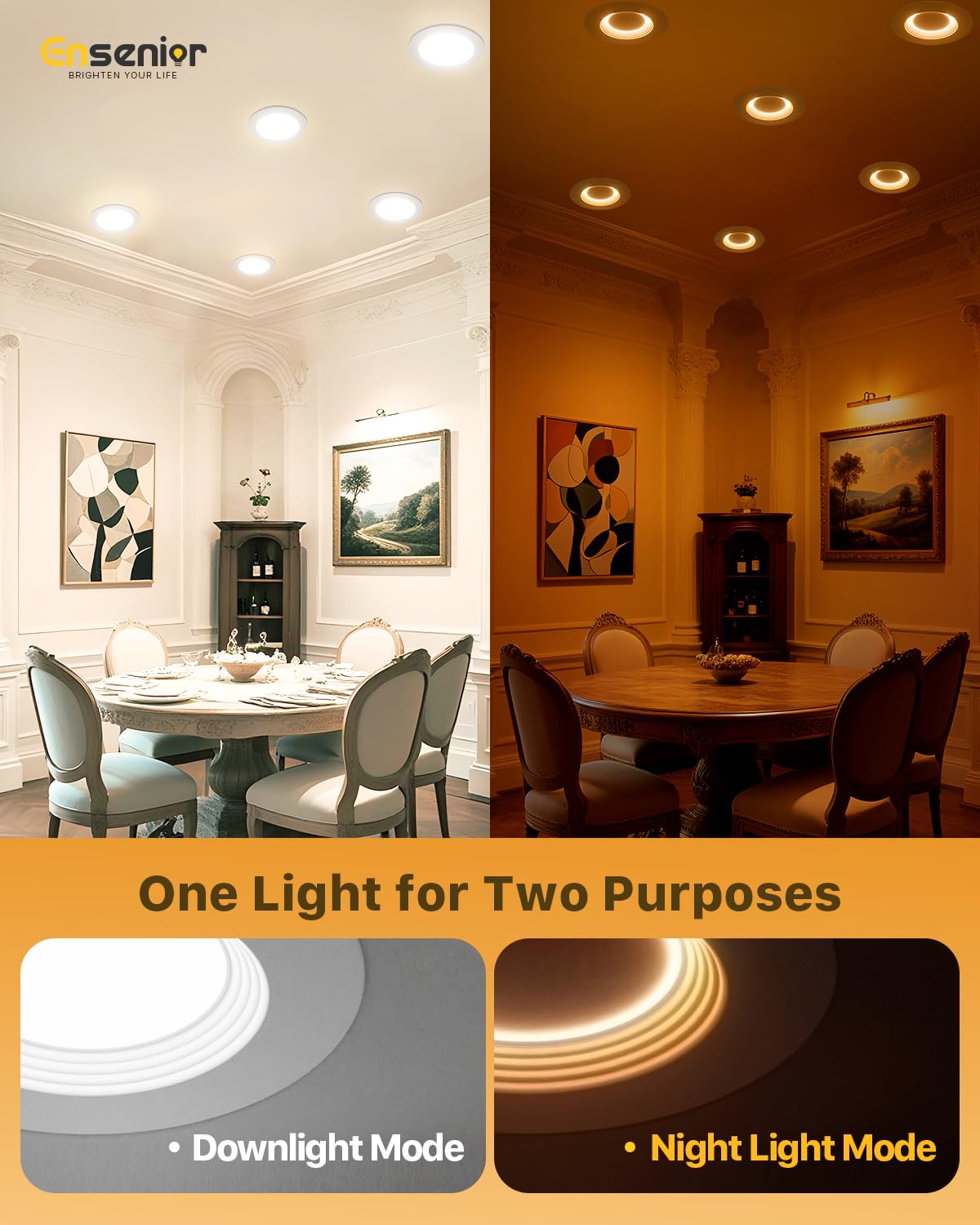 Ensenior 5/6 Inch 5CCT LED Pot Lights with Night Light 6 Pack, Retrofit Recessed Led Ceiling Lighting, Baffle Trim, Dimmable, 9W=110W, 1000LM, 2700K/3000K/3500K/4000K/5000K Selectable, IC Rated - FCC