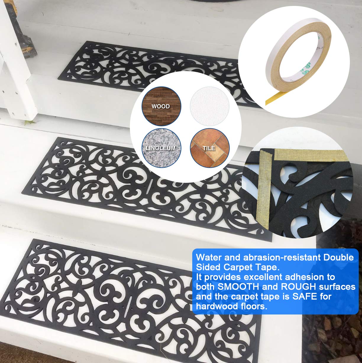 Rubber Stair Treads, Outdoor Stair Treads Non-Slip, Butterfly Designed Stair Tread Mats, Anti-Slip Step Mat - Set of 4 Include Stay-on-Kit, 30 x 10 Inches