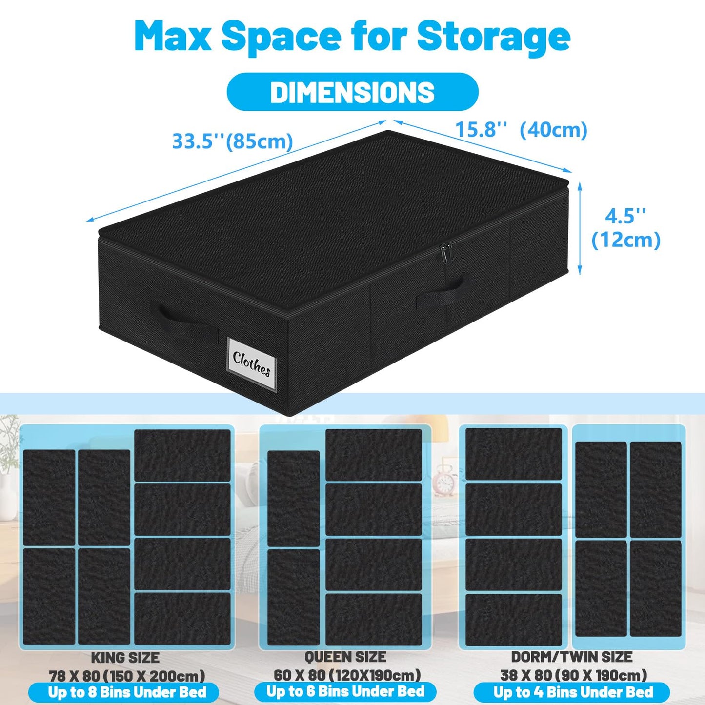 2 Pack Under Bed Storage Bins 12cm (4.5") Tall, Low Profile Underbed Clothes Storage Containers with Lids, Foldable Thick Fabric Underbed Storage Box for Blankets, Clothes, Toys w/Sturdy Bottom/Sides