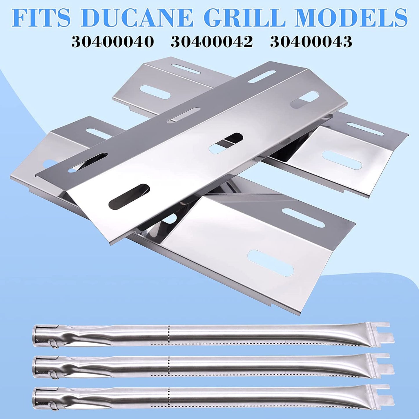 Criditpid Barbecue Replacement Parts for Ducane Grill 30400040, 3200, 3400, Ducane 3 Burner DUCHD1, 30500048, DUCHP1, 30500602, Stainless Steel Burner Tubes and Heat Plate Shields.