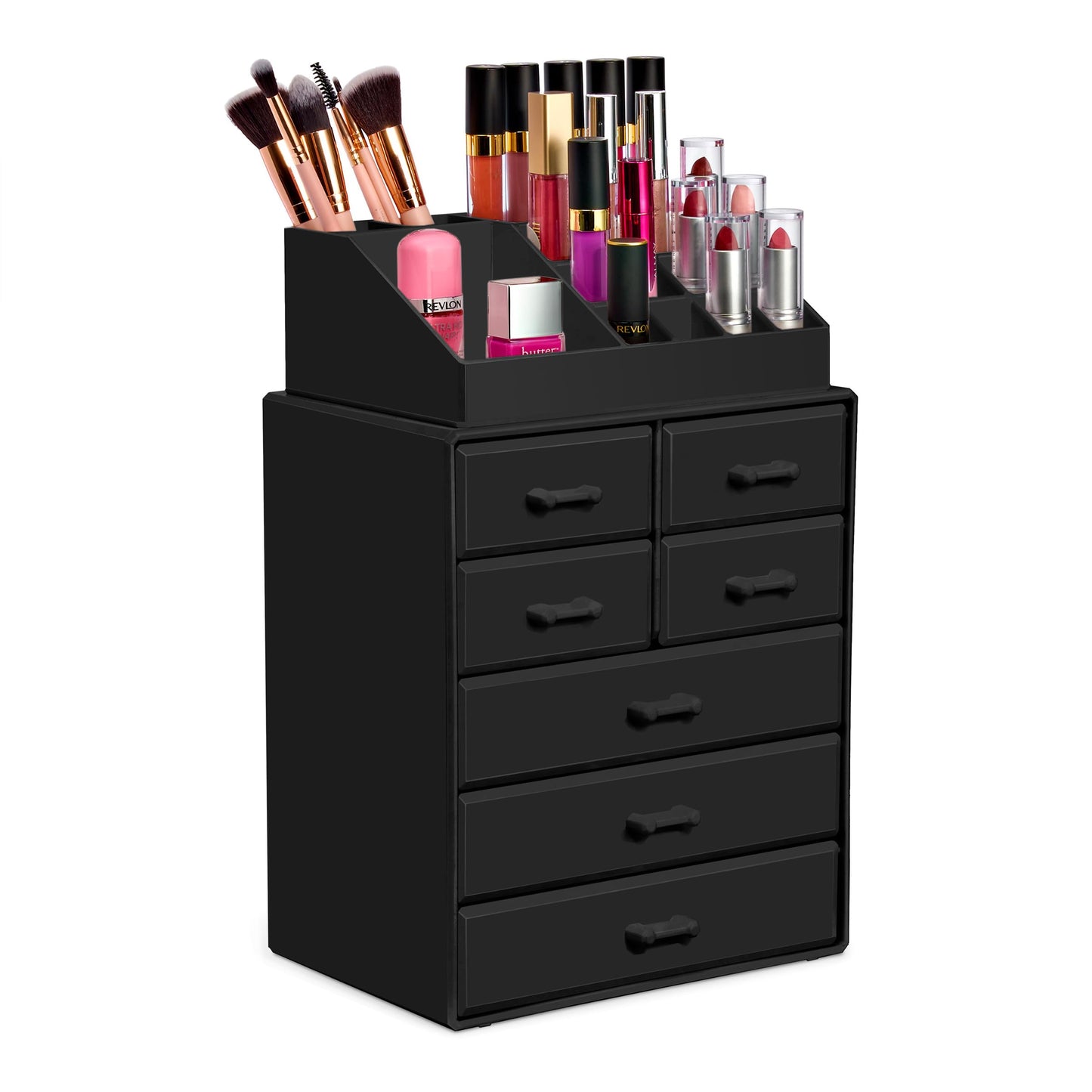 Sorbus Makeup Organizer, Brush Holder and Make Up Storage Drawers - Acrylic Makeup Organizer for Vanity, Bathroom - Cosmetic Display Cases with 3 Large, 4 Small Drawers & 1 Tray for Makeup Brush