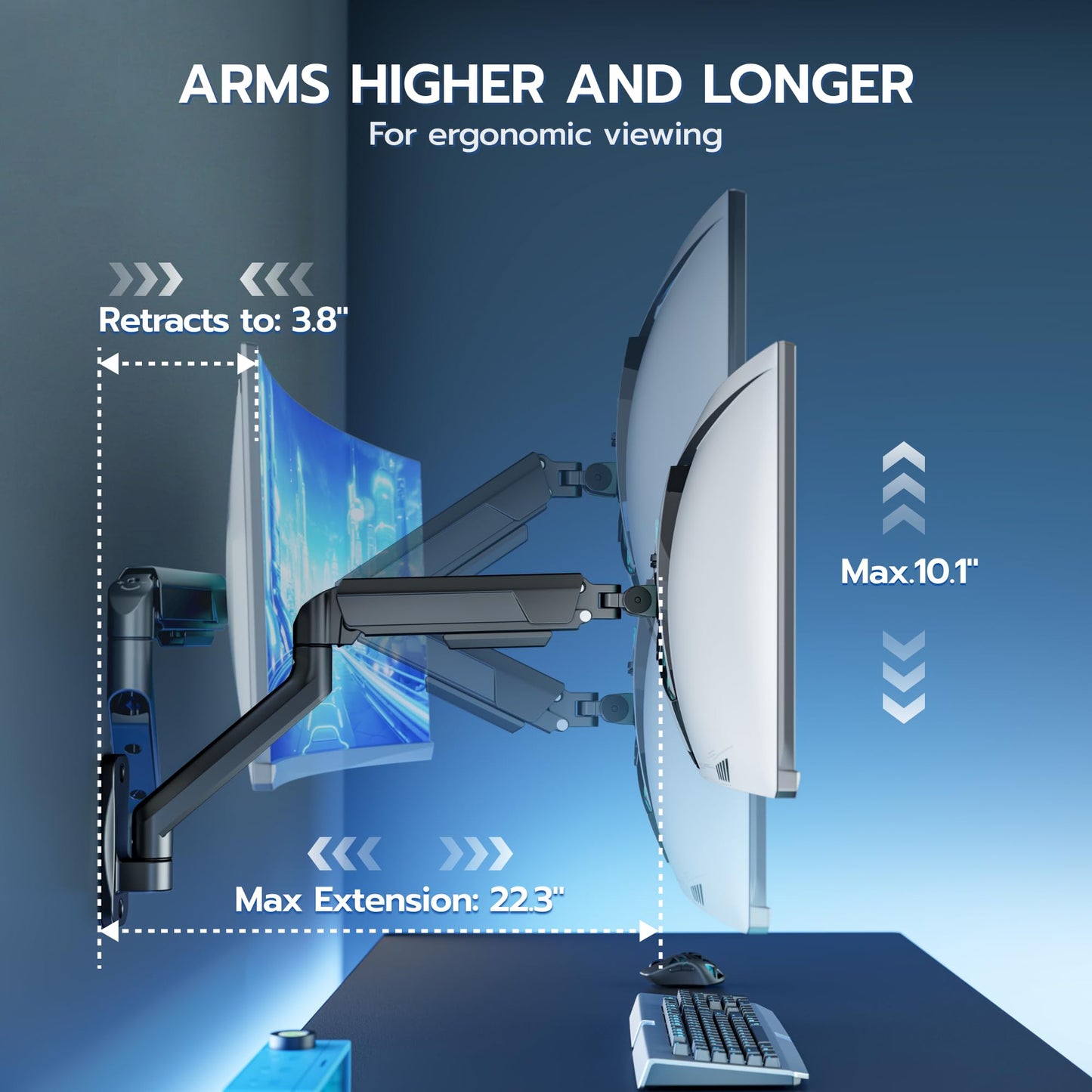 ARES WING Single Monitor Wall Mount for 17-40 Inch Ultrawide Screens, Heavy Duty Monitor Arm Up to 26.5 lbs, Fully Adjustable Wall Mount, VESA 75x75/100x100 Compatible, Black