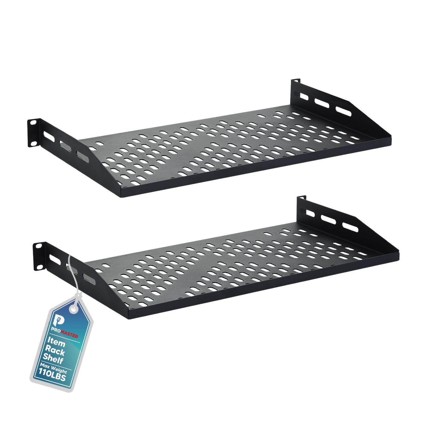 ThePromaster Server Vented Shelf - 2-Pack 19 Inches, 10'' Deep, 1U Universal Integration Server Vented Rack Mounting Tray For Good Airflow, Cantilever Mount, Device and Equipment Wall Mounting - Black