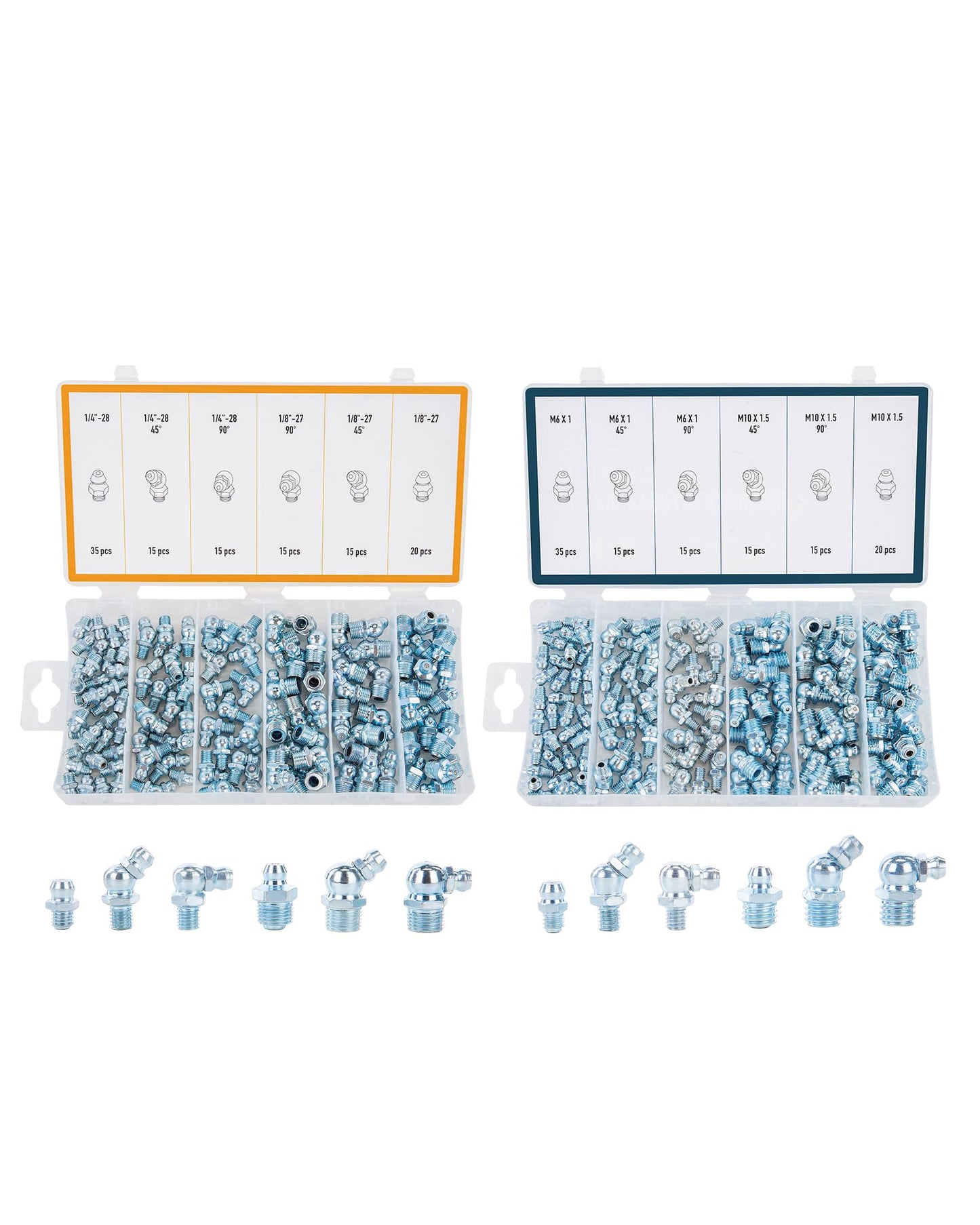 ZELCAN 230 pc. Hydraulic Grease Fitting Set | SAE & Metric Grease Nipple Assortment with 230 Straight 45 90 Degree Zerks in 2 Cases | Galvanized Steel Home Improvement Tool Kit for Mechanics and More