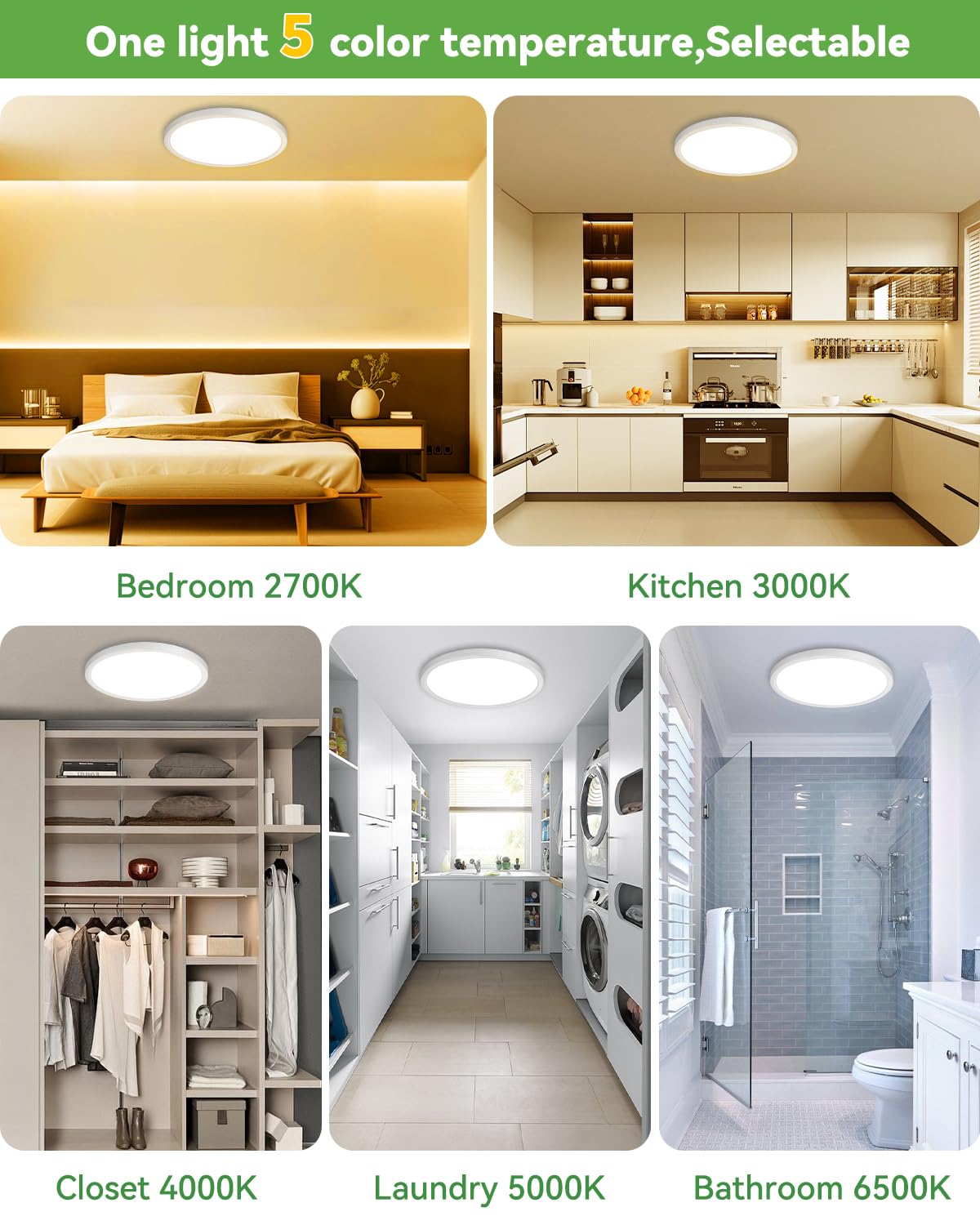 Zemty 2 Pack 12 Inch LED Flush Mount Ceiling Light Fixtures, 24W 2640lm LED Ceiling Light 2700K/3000K/4000K/5000K/6500K 5 Color Temperatures Selectable for Bedroom Kitchen Dining Room (White)