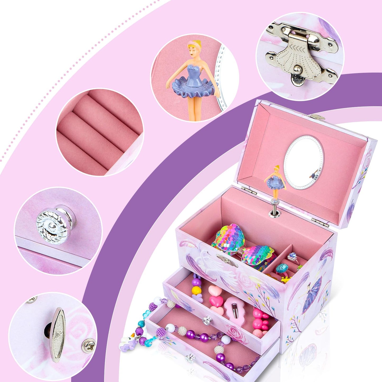 Homtibrm Musical Jewellery Box For Girls - Large Kids Jewellery Music Box with 2 Pullout Drawers & Unicorn Jewellery Set, Great Birthday Gifts for Girls Christmas Gifts (Pink Ballerina)