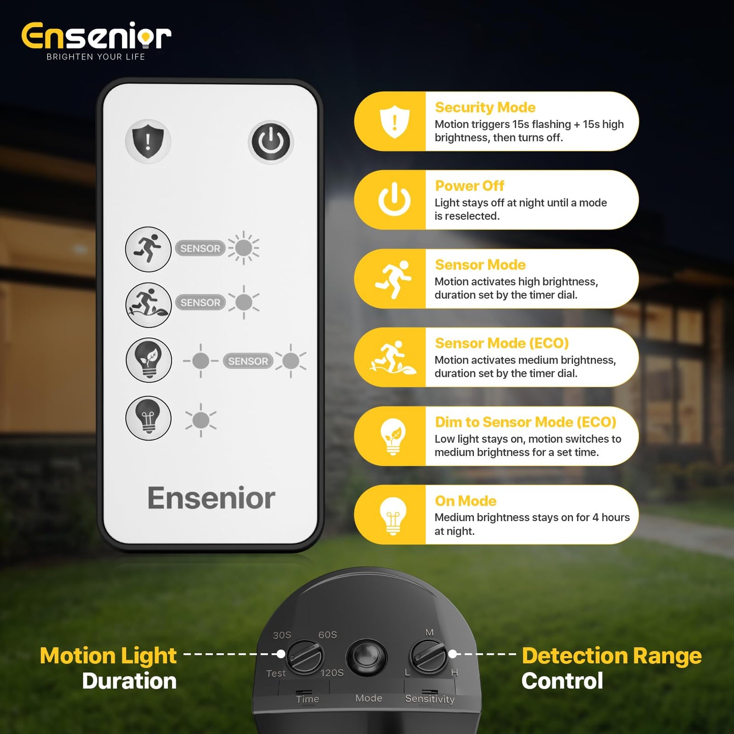 Ensenior 5 Motion Sensor Modes Solar Security Light, 1800LM 270° Wide Angle 3 Heads LED Flood Lights, IP65 Waterproof Wall Lights, Separate Solar Panel Remote Control Solar Lights Outdoor（Black）