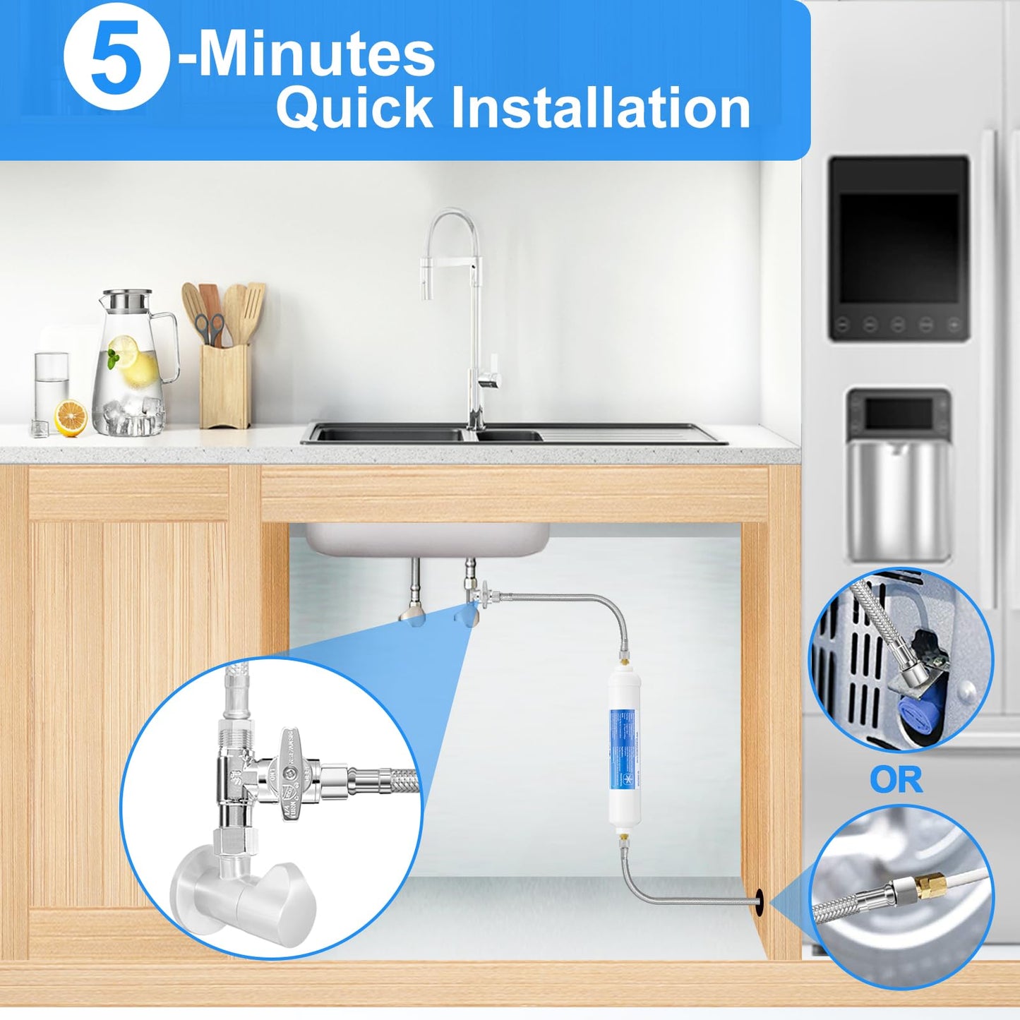 Premium Stainless Steel Braided Refrigerator Water Line - 20FT with Tee Stop Valve, Foodgrade PEX Inner Tube Ice Maker Water Line with 1/4" Fittings