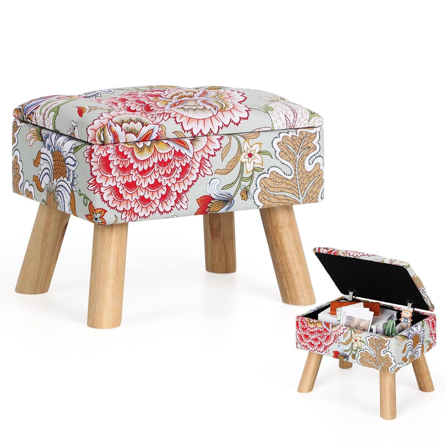 Square Ottoman with Storage Versatile Foot Stool Ottoman Boho Foot Rest with Wood Legs Small Footstools and Ottomans for Living Room and Entryway