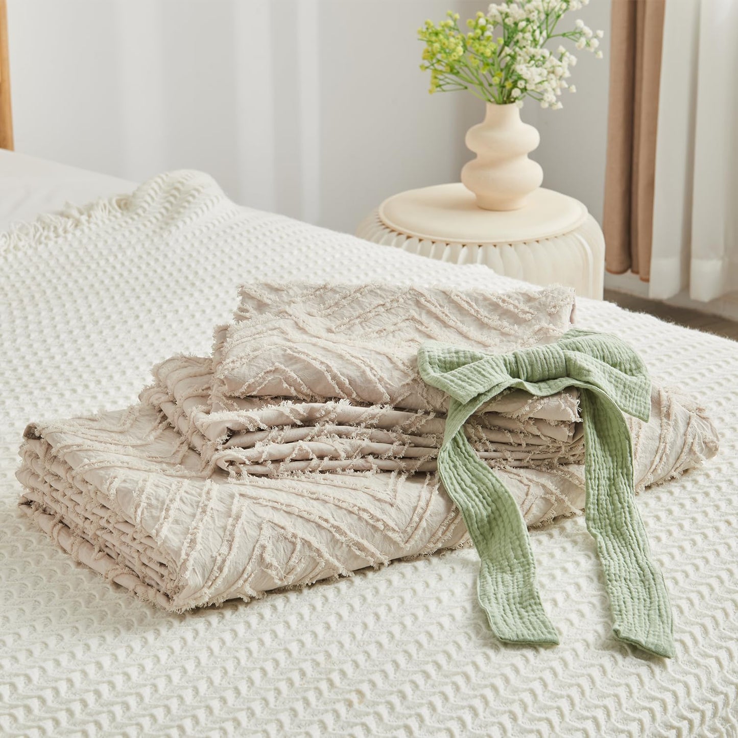 YASMENG Beige Duvet Cover Set King Size - Boho Tufted Jacquard with Geometric Plaid Pattern Duvet Cover Shabby Chic Embroidery Bedding Khaki Soft Microfiber Farmhouse Tufts Textured Comforter Cover