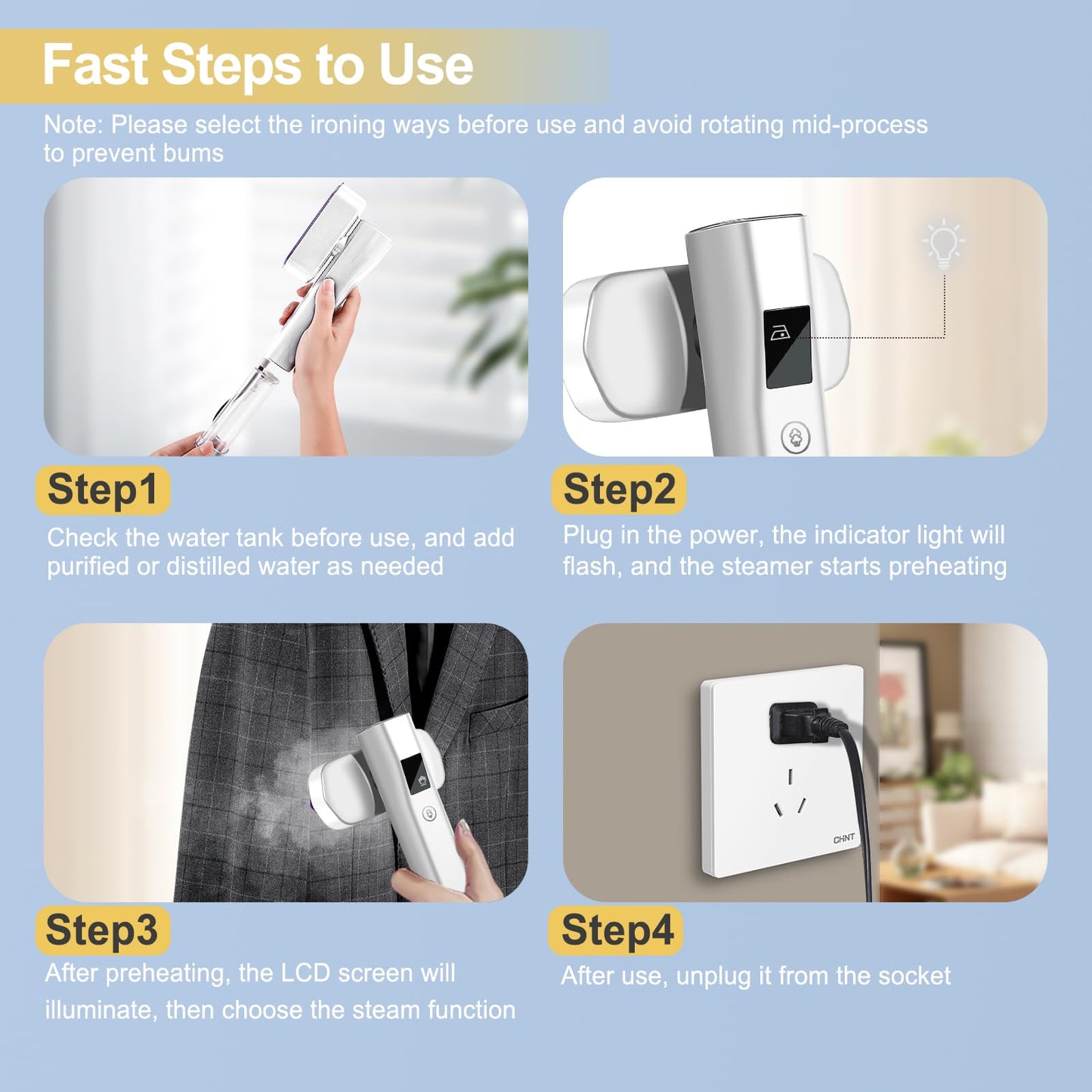 Travel Steamer for Clothes Handheld: 2-in-1 Portable Clothing Garment Steamer and Iron Fast Heat-up & 3 Levels of Steam Hand Held Mini Steamer for thick Fabric Only 1.3lbs for Travel ＆ Home (White)
