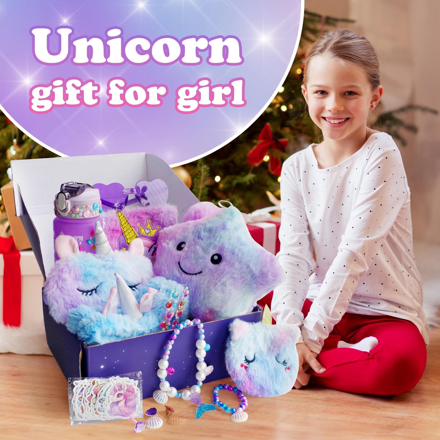 64pcs Unicorn Gifts Toys for Girls Kids Toys 5 6 7 8 9 10+ Years Old Halloween Thanksgiving Christmas Birthday Gifts Box with Star Light Up Pillow Stuffed Diary with Lock Headband Water Bottle sticker