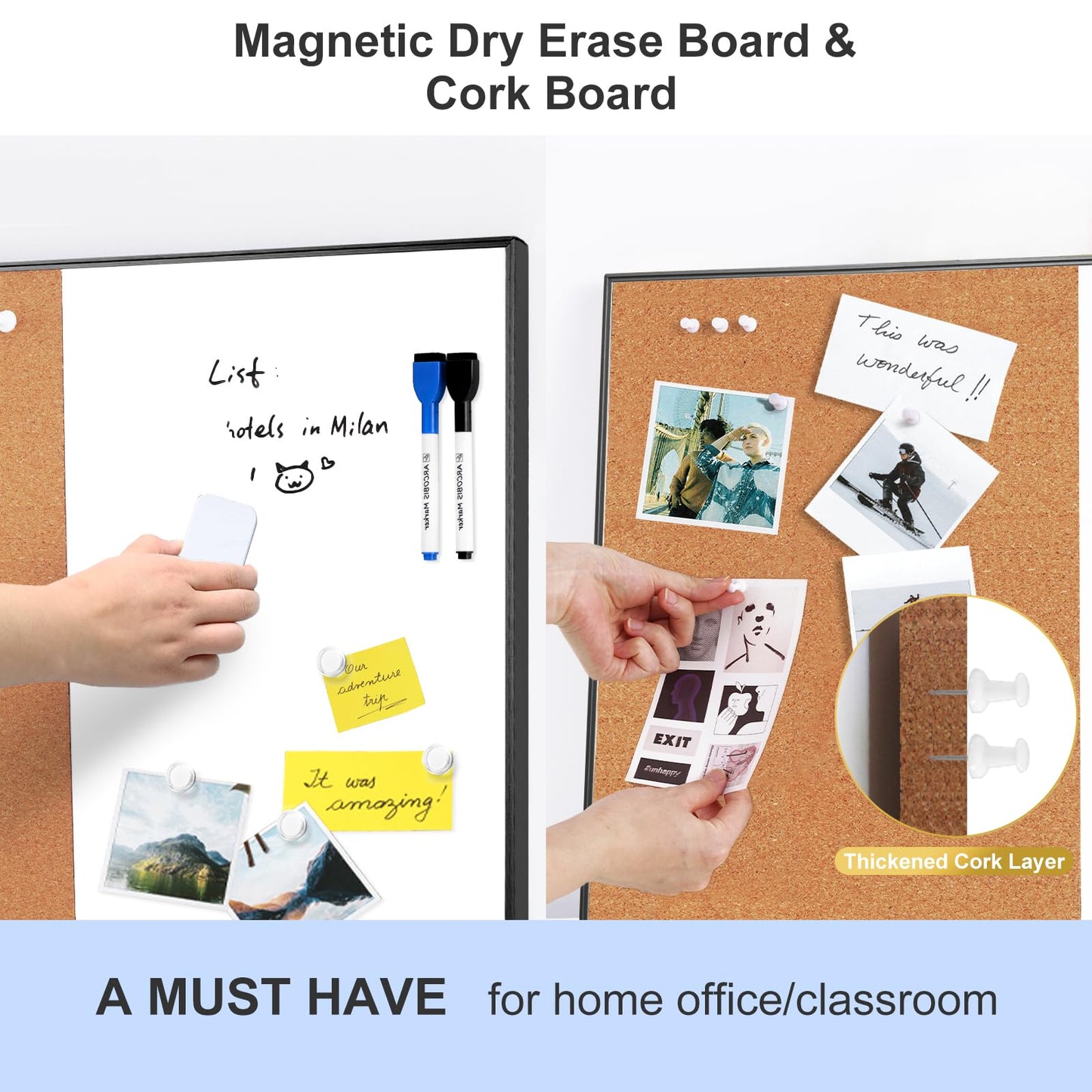 Dry Erase Cork Board Combo, ARCOBIS 24"X18" Bulletin White Board for Wall, Magnetic Corkboard, Vision Whiteboard for Office,Home,School Black Frame