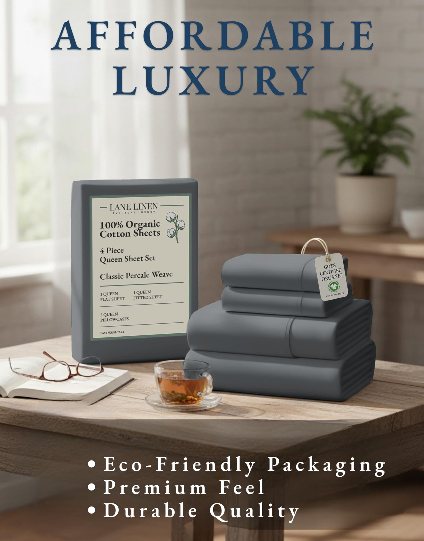Lane Linen 100% Organic Cotton Queen Sheet Set, 4-Piece Percale Bed Sheets for Queen Bed - Soft, Breathable, Hypoallergenic, Deep Pocket Fits Mattress Up to 15",Hotel Quality Sheets - Charcoal