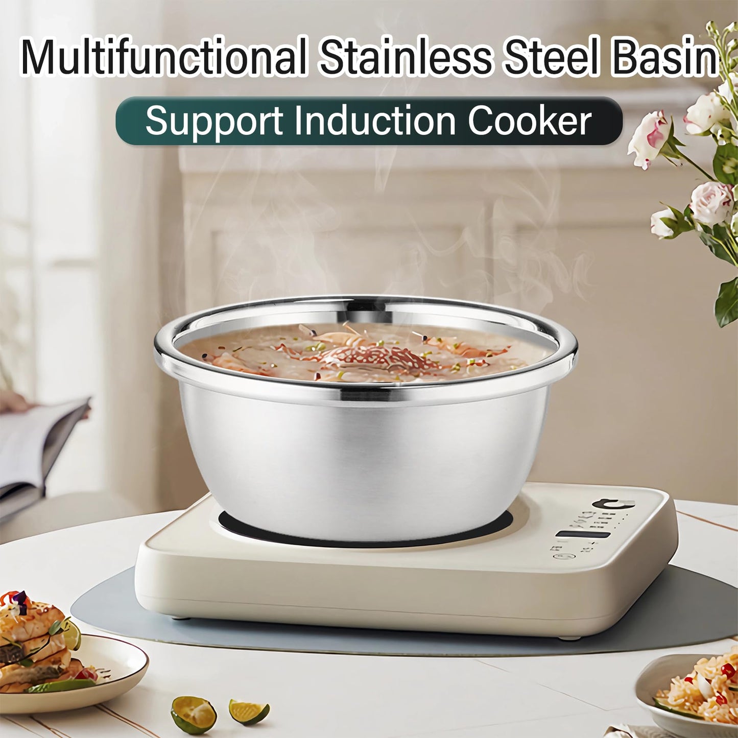 POPGRADE 304 Stainless Steel Colander with Bowl, 5-Qt Large Rice Washing Bowl Colander Food Strainers Set, Fruit Vegetable Washing Basket, Pasta Rice Rinser Strainer Washer (2pcs)