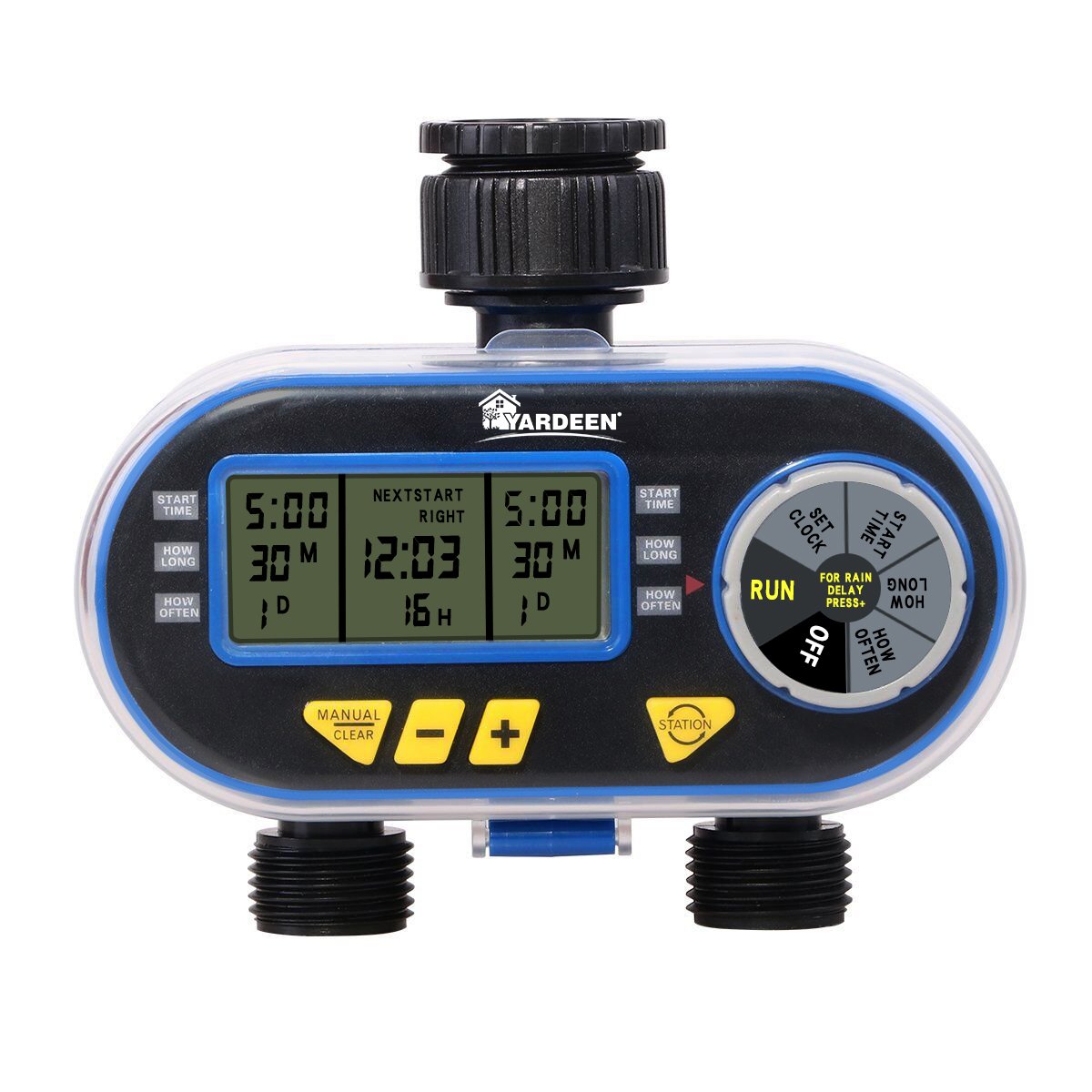 Yardeen Sprinkler Timer for Garden Hose, Programmable Hose Timer with Rain Delay/Manual/2 Solenoid Valves Garden Electronic Irrigation Controller System Color Blue