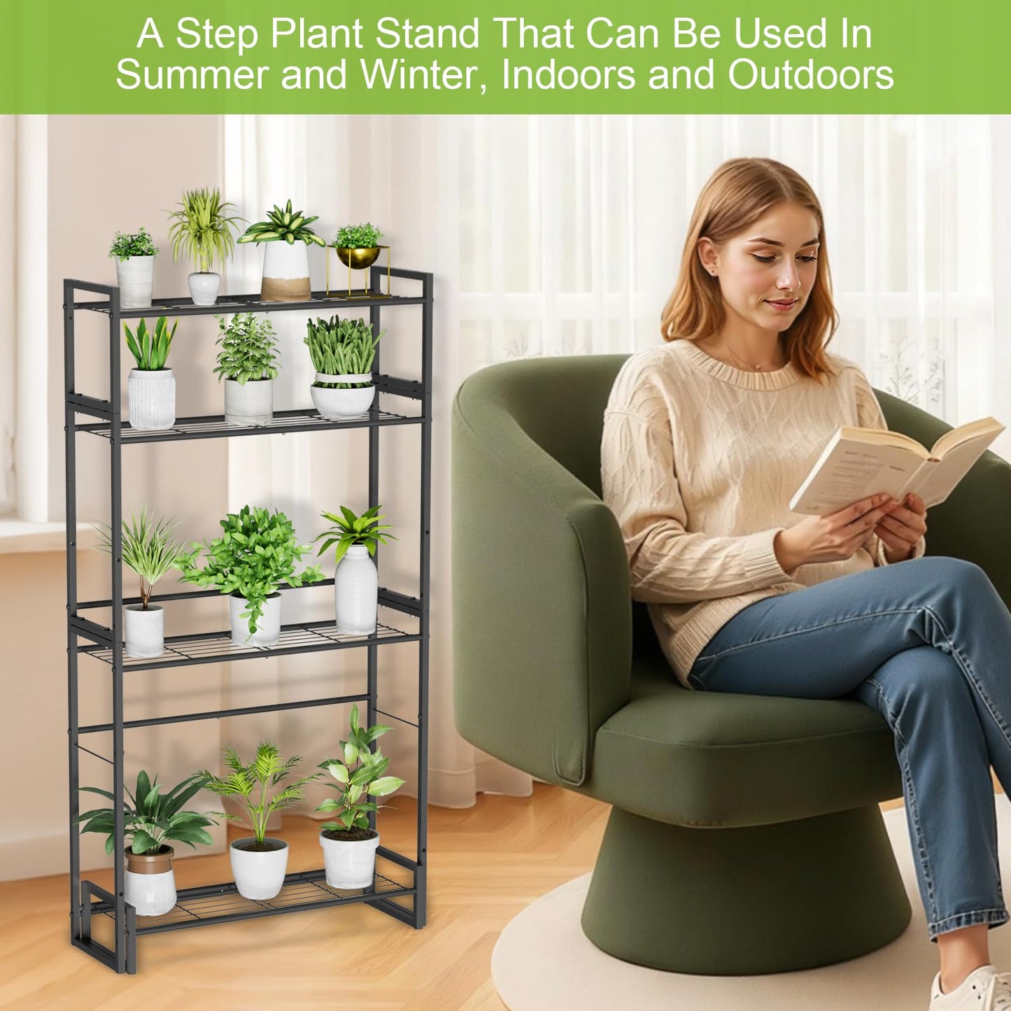 VyGrow Plant Stand, 4 Tier Stackable Tiered Plant Stand, Scalable Heavy Duty Tall Plant Shelf for Indoor Outdoor, Garden, Display Shelves, Flower Pot Holder (Black)
