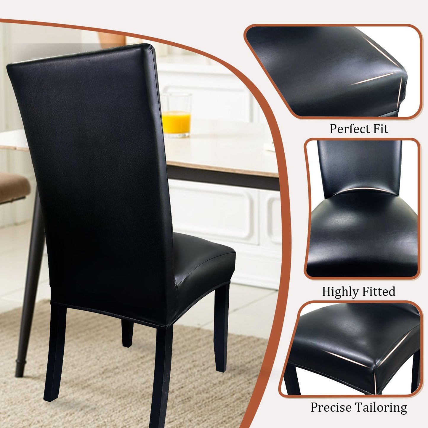 Pu Leather Chair Covers for Dining Chairs Set of 4, Waterproof Kitchen Chair Covers Protect Chairs from Stain, Soft & Elastic Parsons Chair Slipcover Well-Fitted for Dinning Room(Black, 4Pcs)
