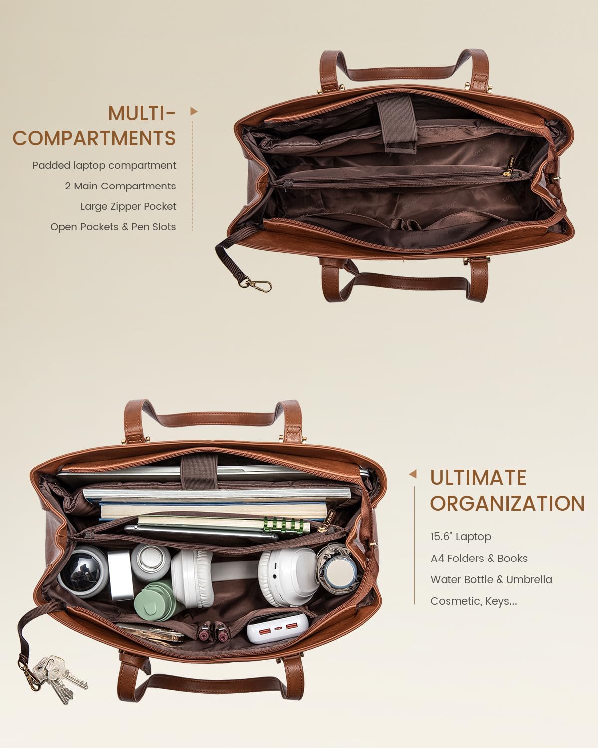 LOVEVOOK Work Tote Bag for Women, Vintage Leather Laptop Bag Teacher Tote Bag, Professional 15.6 Inch Computer Bag, Large Tote Purse Handbag With Laptop Compartment, Dark Brown