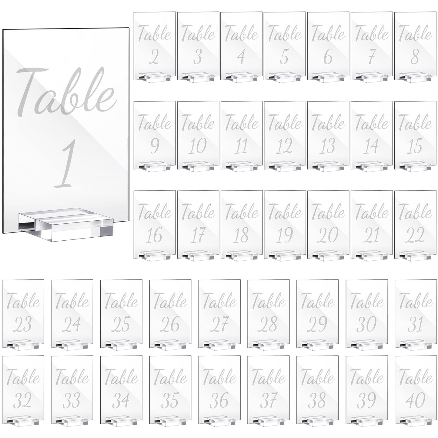 40 Pack Acrylic Wedding Table Number 1-40 Clear Wedding Table Stand with Numbers Calligraphy Table Number Holders 4 x 6 Inch Acrylic Table Signs for Wedding Reception Centerpieces Decorations (White)