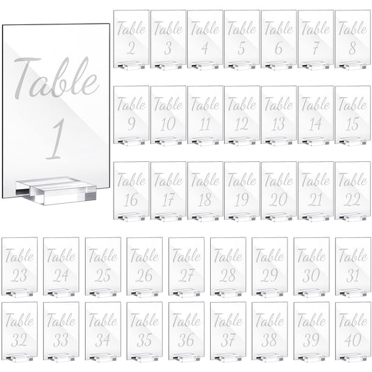 40 Pack Acrylic Wedding Table Number 1-40 Clear Wedding Table Stand with Numbers Calligraphy Table Number Holders 4 x 6 Inch Acrylic Table Signs for Wedding Reception Centerpieces Decorations (White)