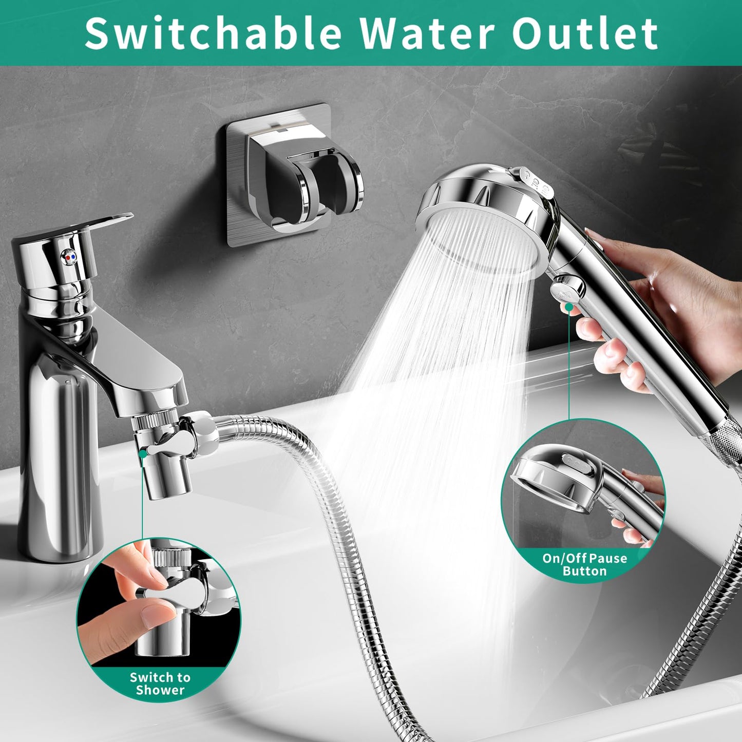 HEROBAI Sink Hose Sprayer Attachment, 3 Mode Shower Head Attaches to Tub Faucet with 5 Adapters, High Pressure Shower Head for Bathtub, Handheld Shower Head with Filter (Chrome)