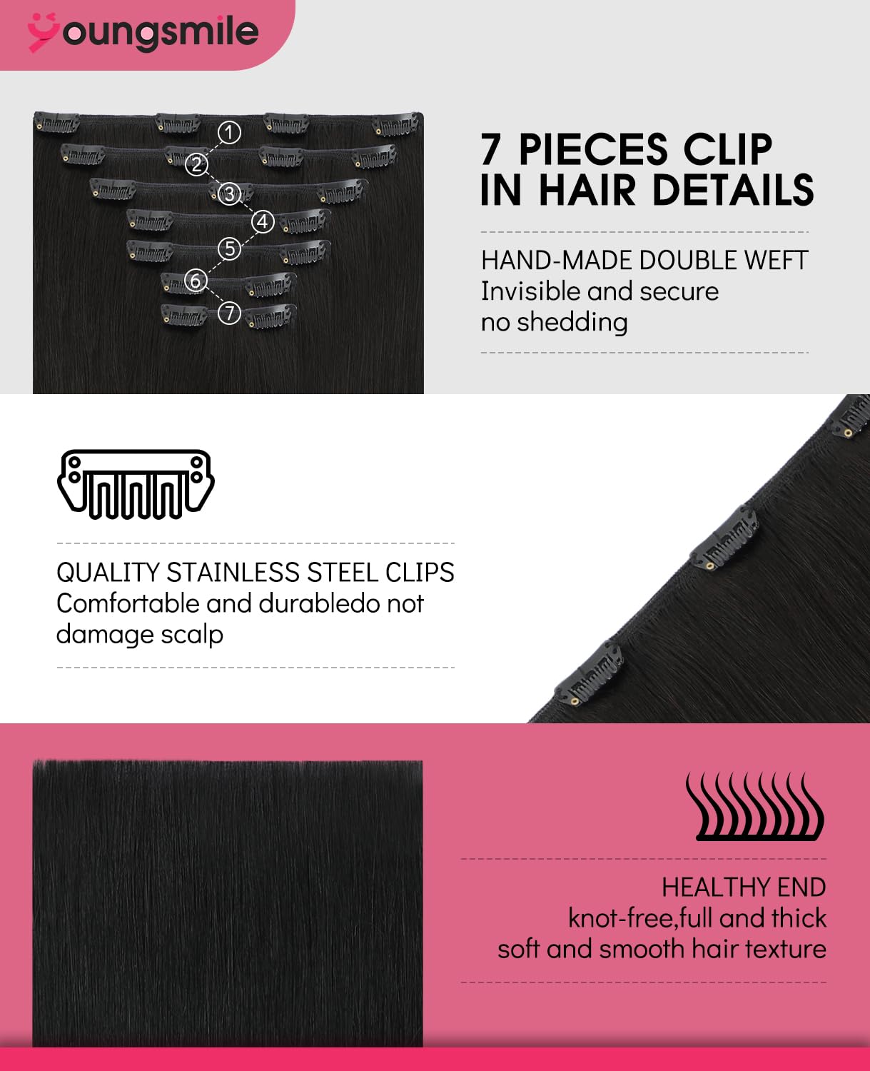Youngsmile Clip in Hair Extensions Remy Human Hair Double Drawn Balayage Invisible Real Silky Straight Hair Extensions for Women #1B Natural Black 20 inch 160 Gram 7pcs(7PC#1B-20)