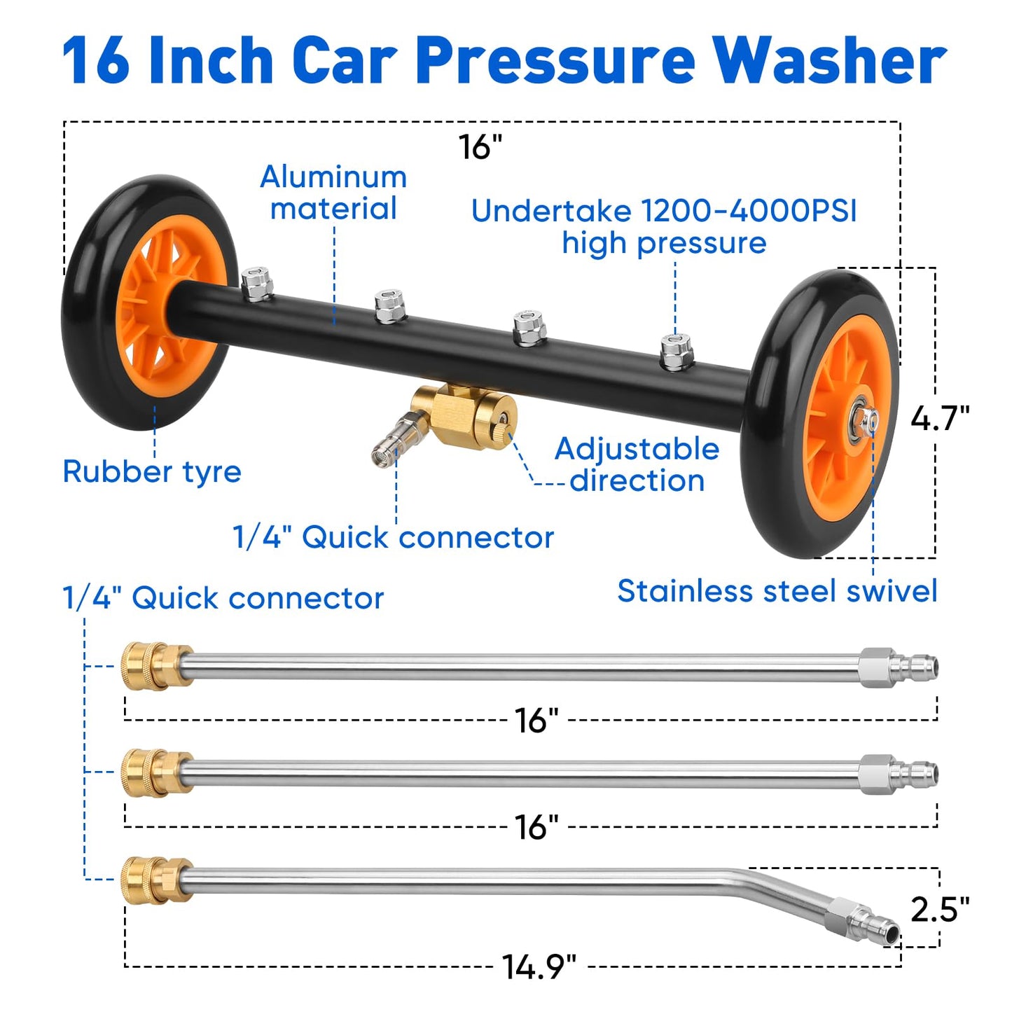 2-in-1 16' Undercarriage Pressure Washer Water Broom, 4000PSI Under Car Pressure Washer Attachment with 3 Pieces Extension Wand & Hub Brusher, Surface Cleaner (Without Bottle& Replaceable Nozzle)