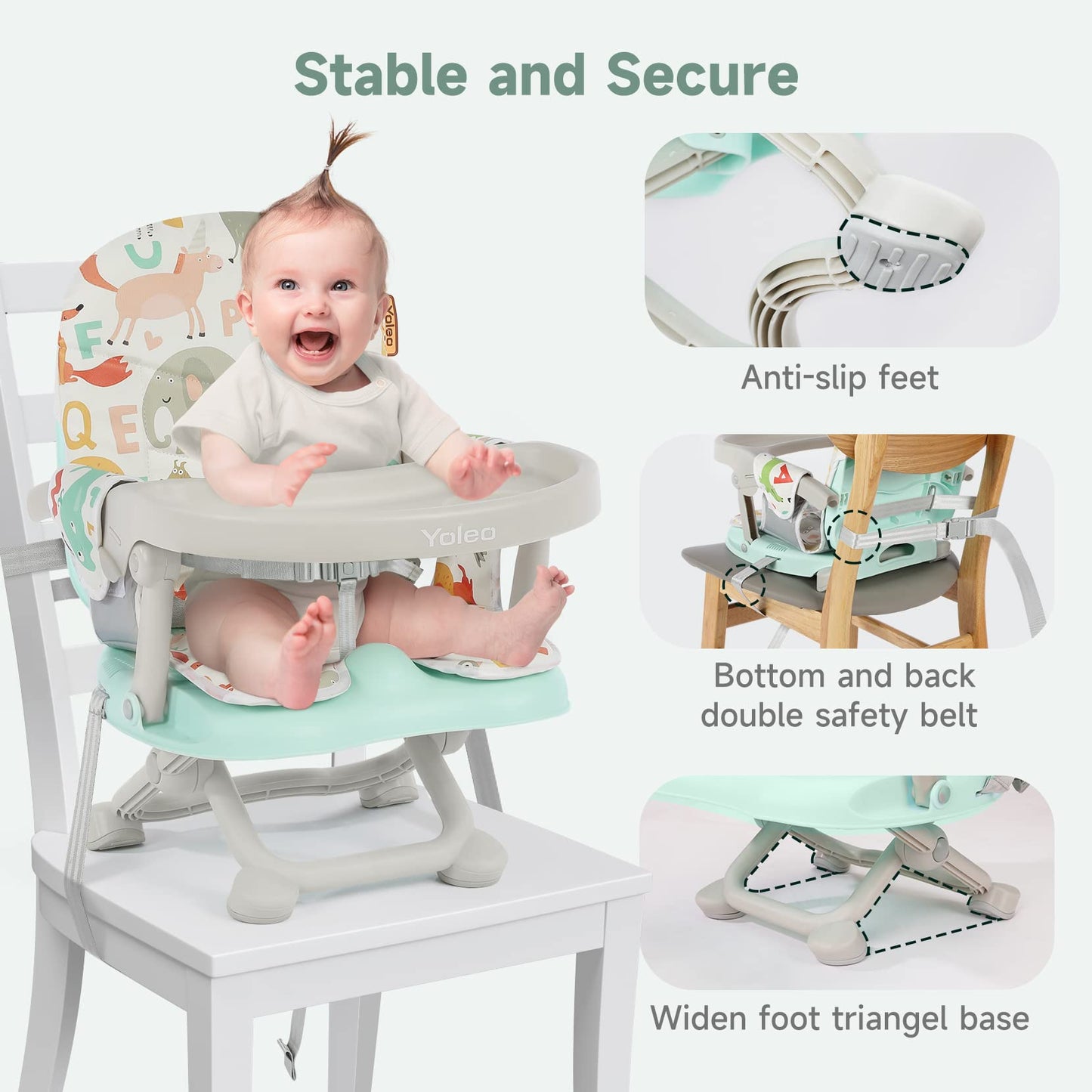 YOLEO Baby Booster Seat for Dining Table with Removable Tray, Adjustable Booster Seat Portable for Baby/Toddler Eating, Foldable Travel Dining Seat and Easy Clean (Green)