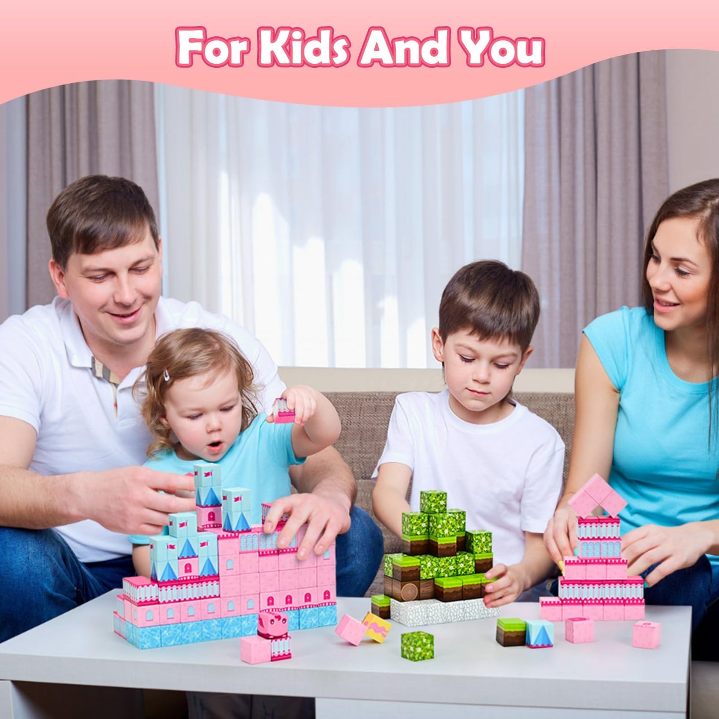 PINKCAT 100PCS Magnetic Blocks, Kids Building Pink Fantasy Castle Cubes, Stacking Tiles, STEM Sensory Toys for Toddlers, Kids Travel Essentials Toy, 3 4 5 6 7 8-12 Years Girls Boys Gifts