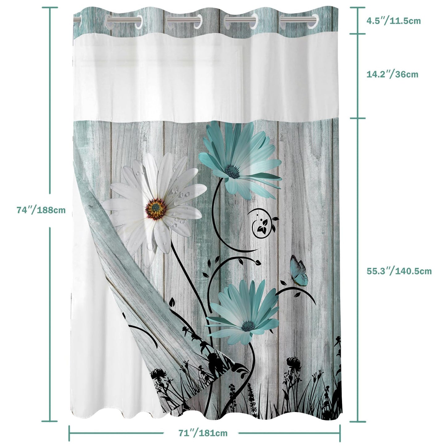 Shellspace No Hook 3 in 1 Shower Curtain with Snap in Liner, Teal and White Daisy Shower Curtain Set with See Through Top Window, Machine Washable Waterproof Polyester Fabric Bath Curtain, 71 x 74 in