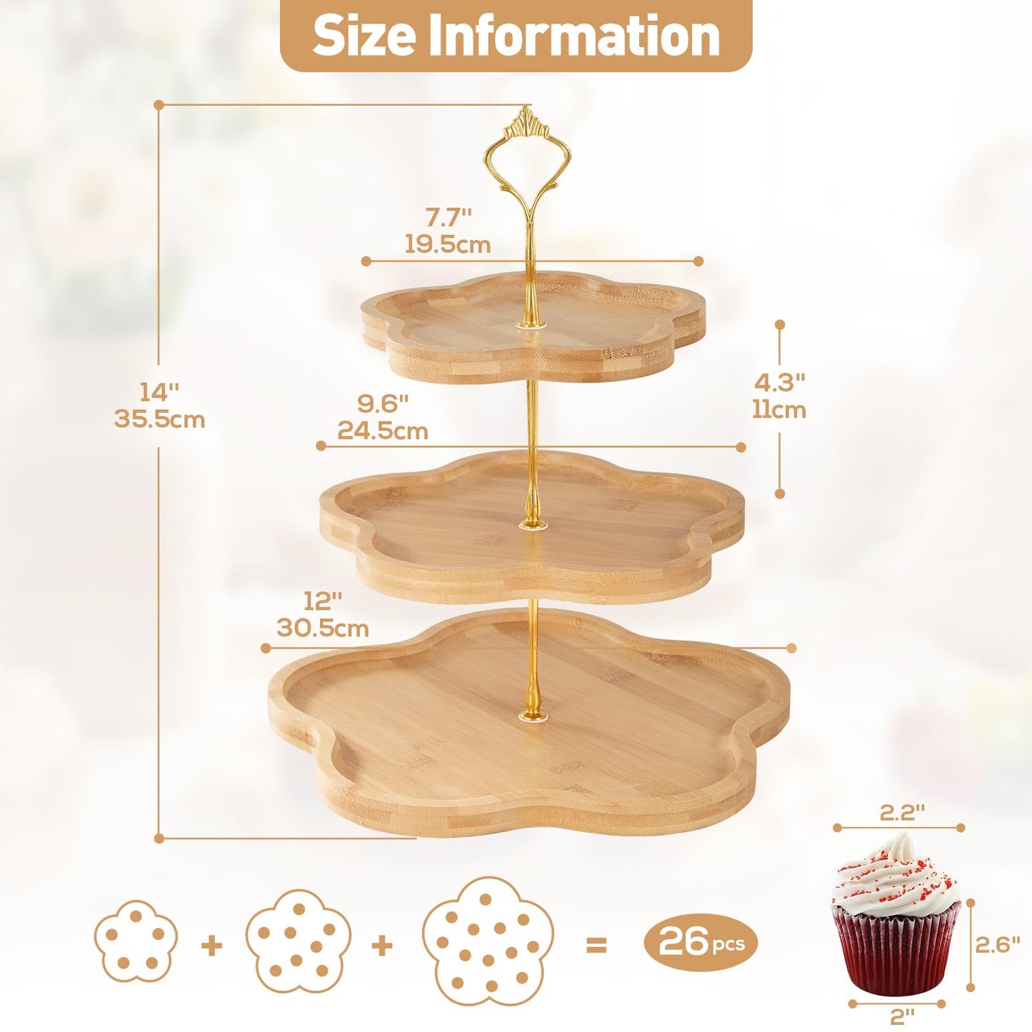 DUJUST Elegant 3-Tier Wooden Cupcake Stand with Flower-Shaped Design, Rustic Bamboo 3 Tiered Serving Tray for Cupcake, Desserts, Party, Wedding, Farmhouse & Home Decor, Easy to Install & Clean