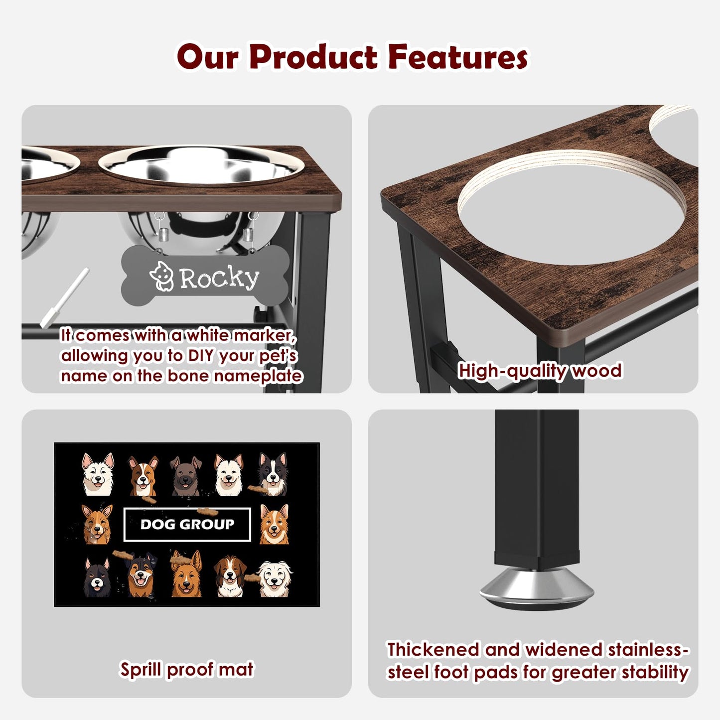 SHAINFUN Elevated Dog Bowls with Slow Feeder & Mat for Medium and Large Dogs, 16" Tall Adjustable Wooden & Metal Raised Dog Bowl Stand, 2 Stainless Steel 58oz Bowls for Food & Water