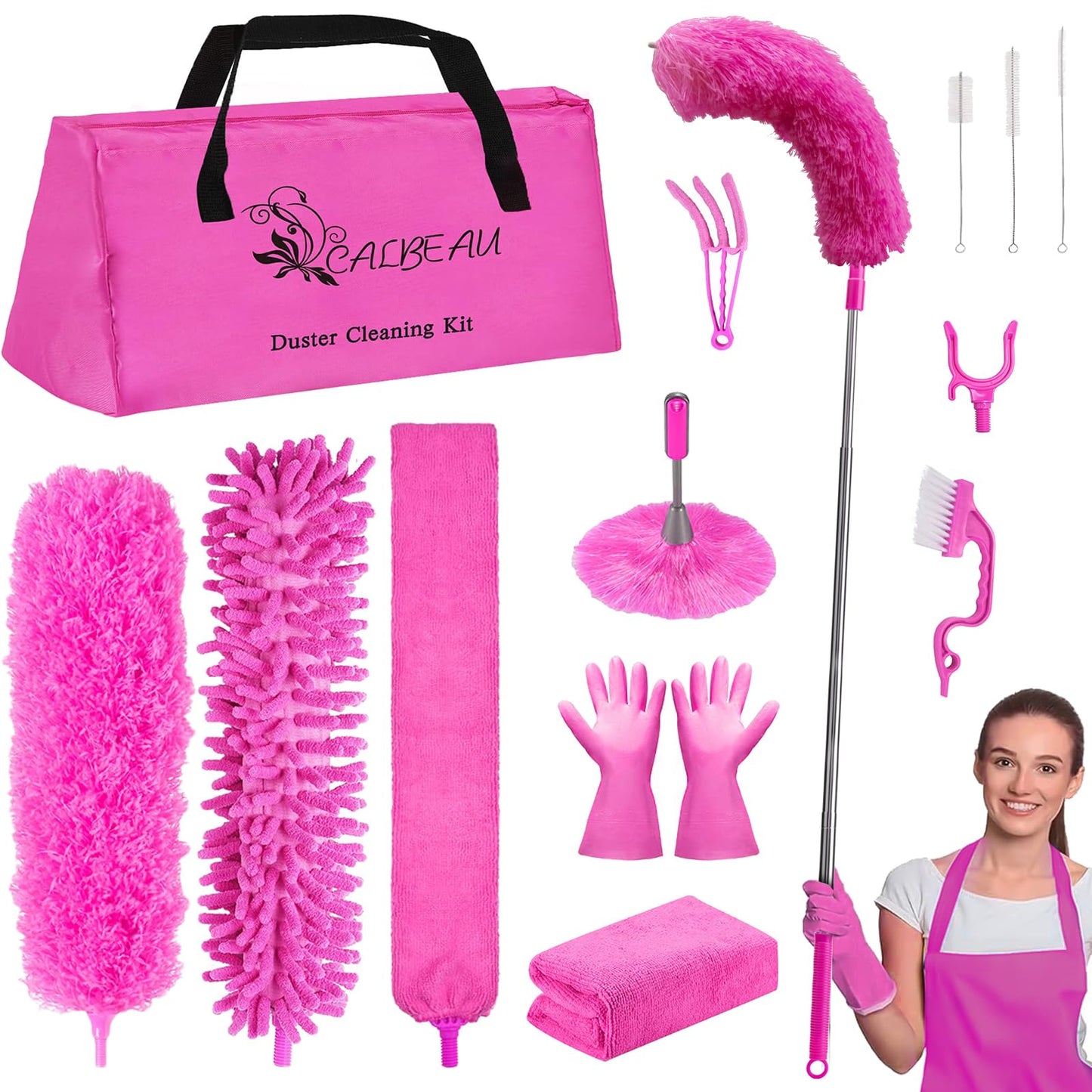 CALBEAU 15PCS Microfiber Feather Duster Set Bendable & Washable with 100-inch Extension Pole Dusters for Cleaning High Ceiling Fan, Blinds, Cars, Furniture, Cleaning Tools Kit for Women